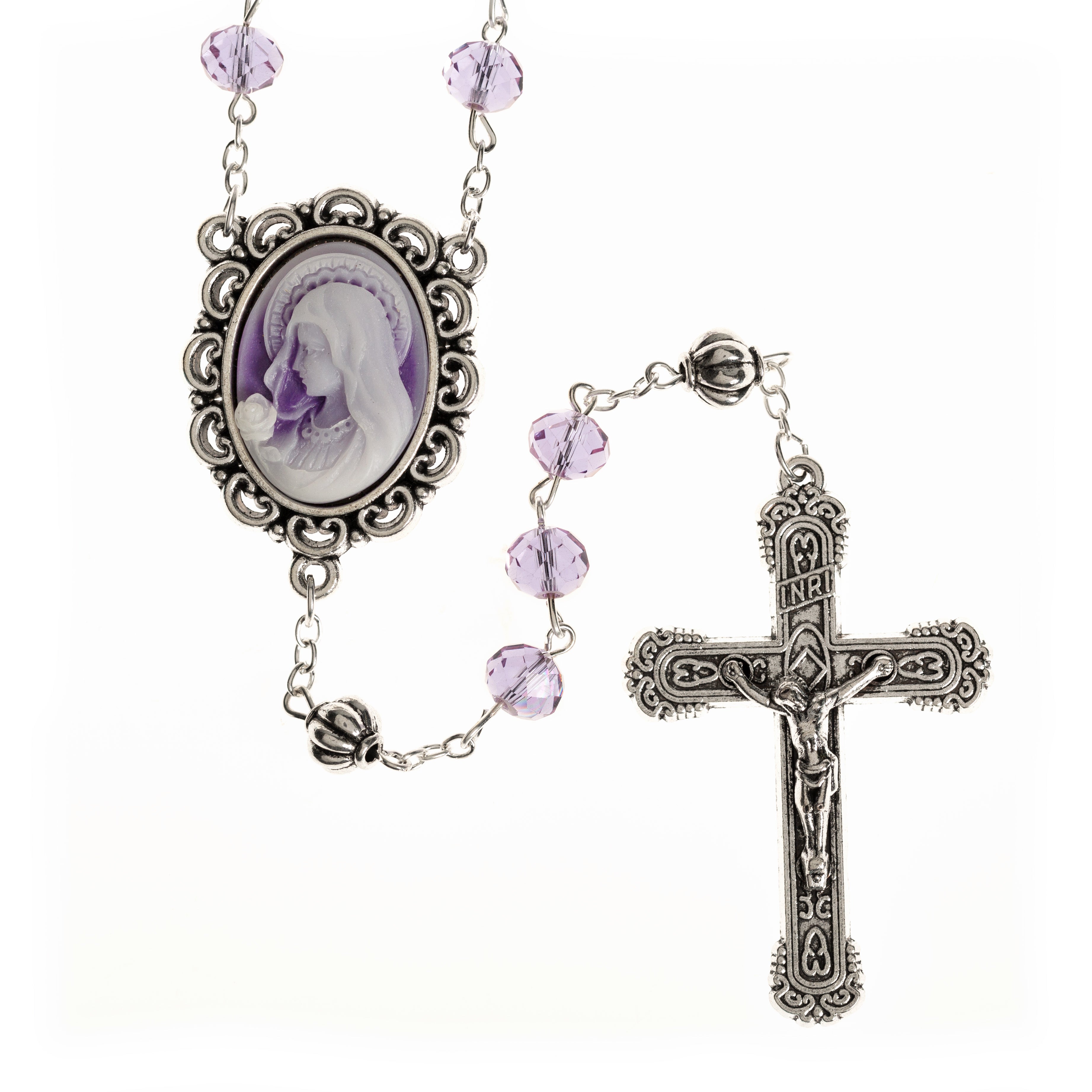 Purple Cameo Lourdes Water Rosary