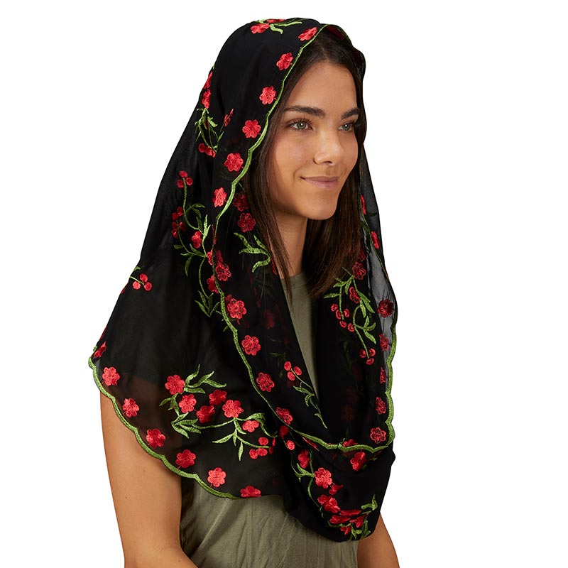 Infinity Black & Red Floral Chapel Veil | The Catholic Company® display picture 1