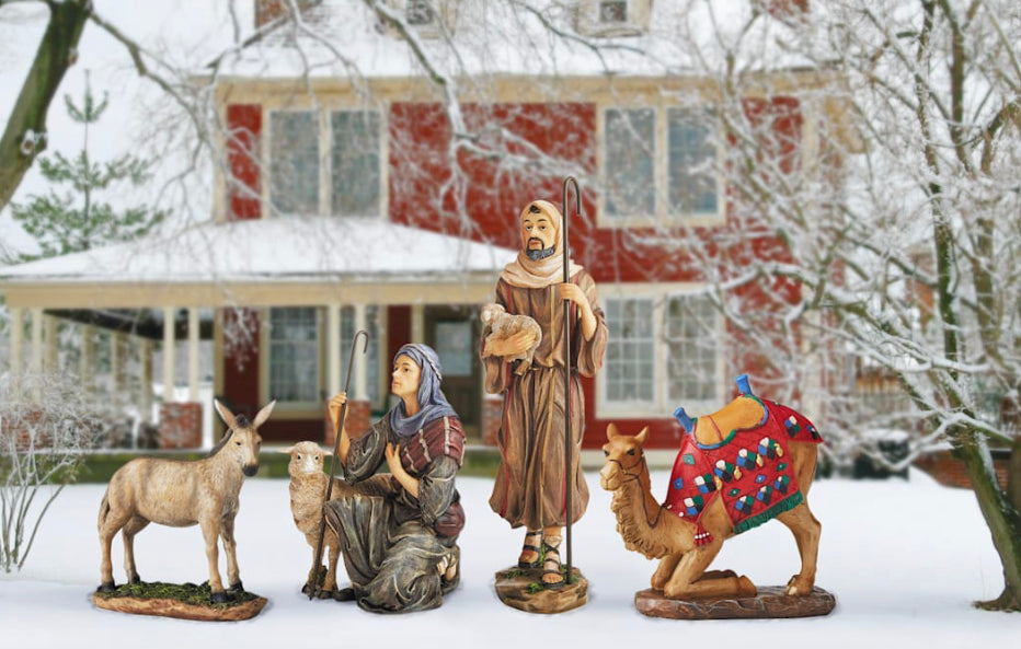 Shepherds, Donkey & Kneeling Camel Printed Metal Outdoor Nativity Pieces