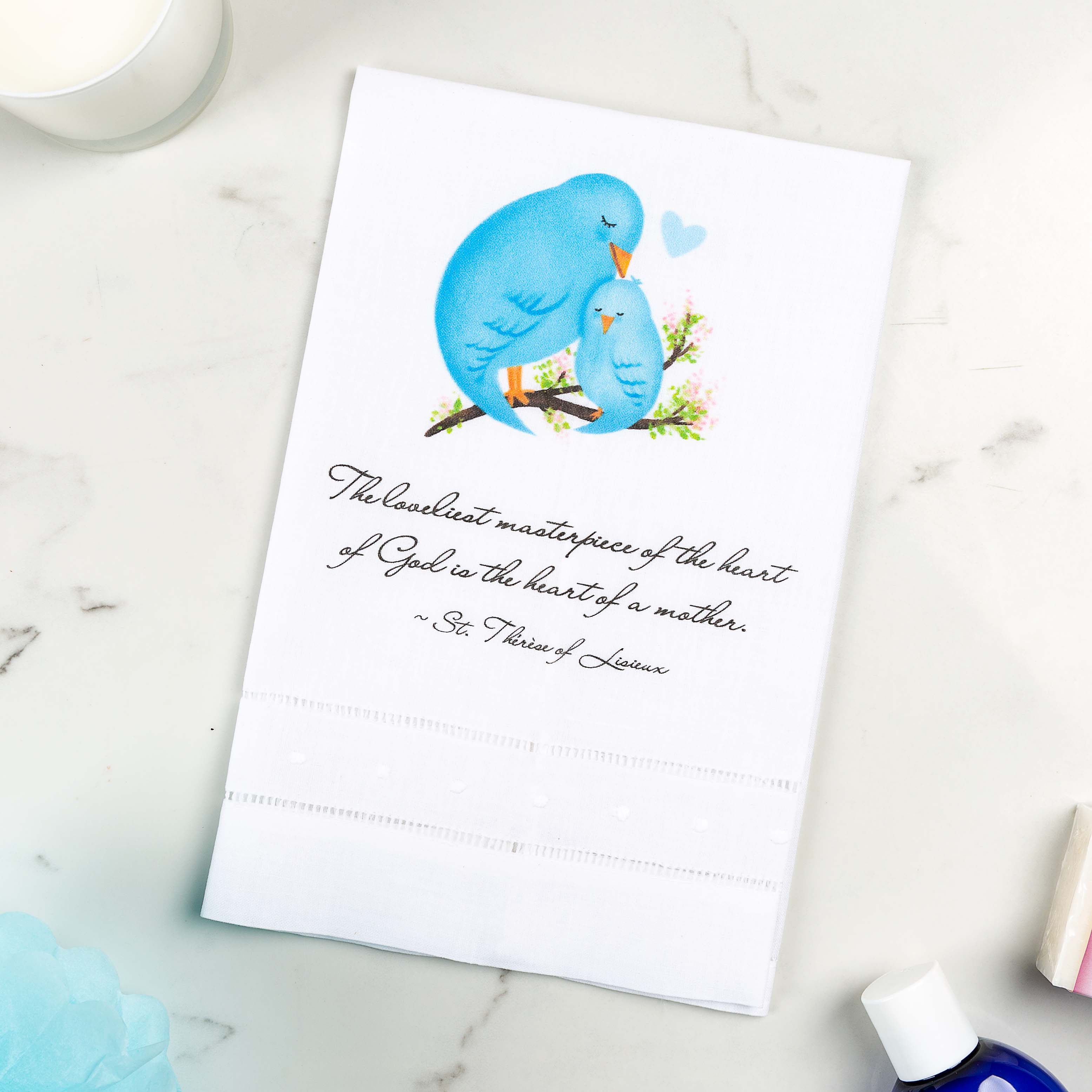 Bluebirds Heart of a Mother Linen Guest Towel