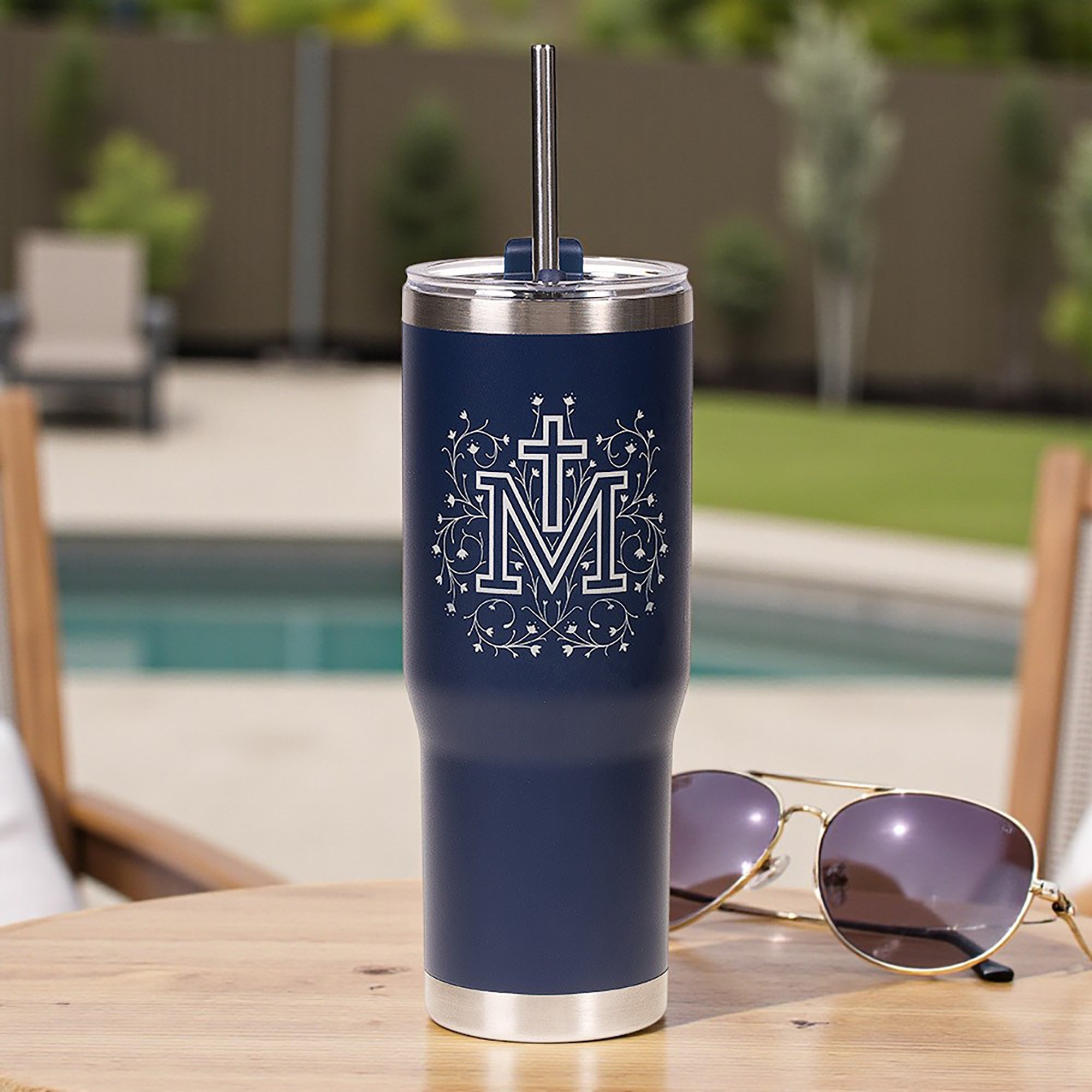 Personalized Floral Marian Cross Tumbler with Straw | The Catholic