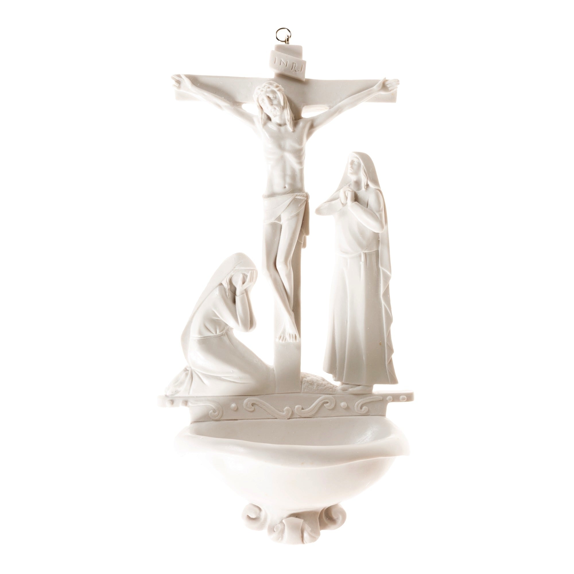 Italian White Alabaster Crucifixion Holy Water Font