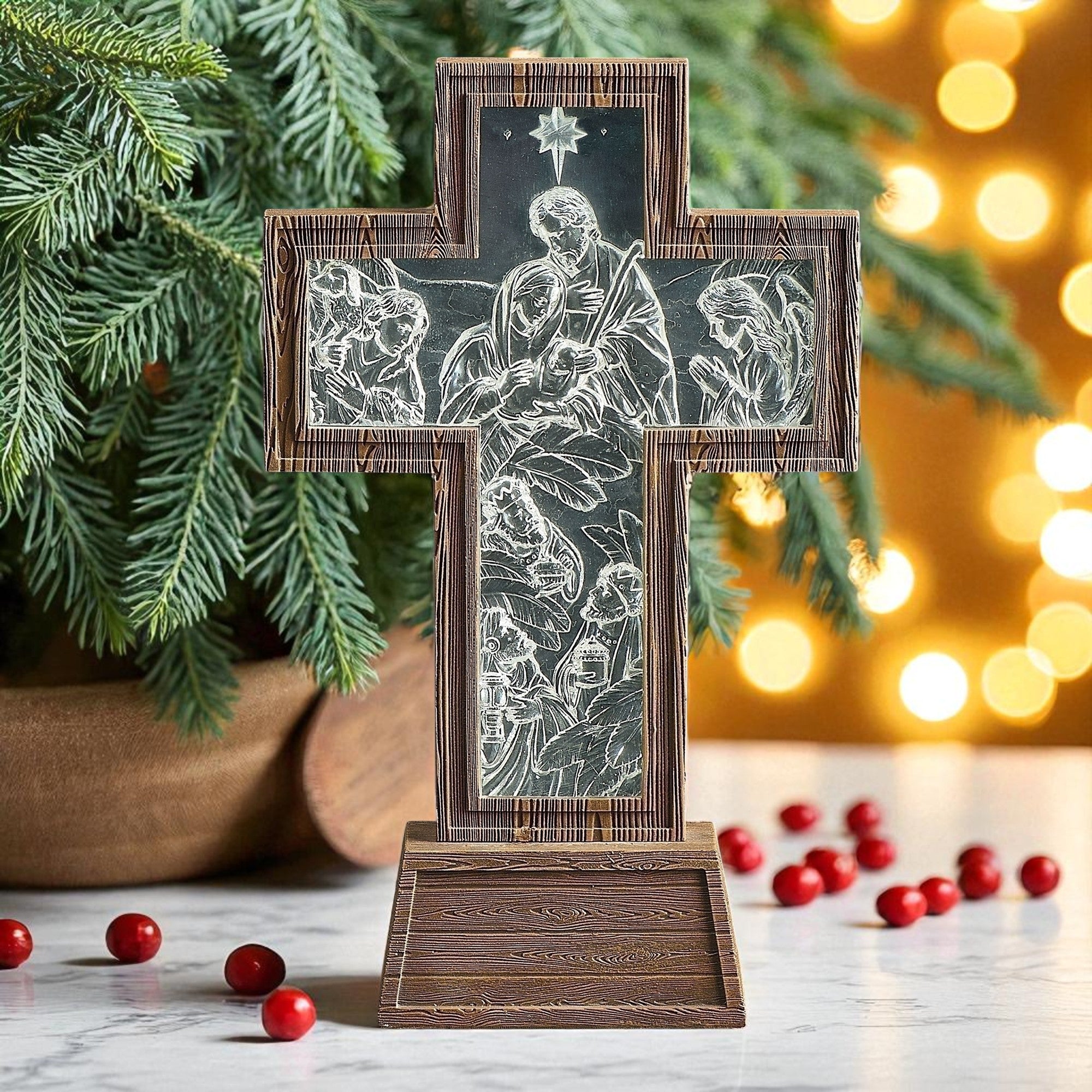Lighted Nativity Scene Cross - 11"