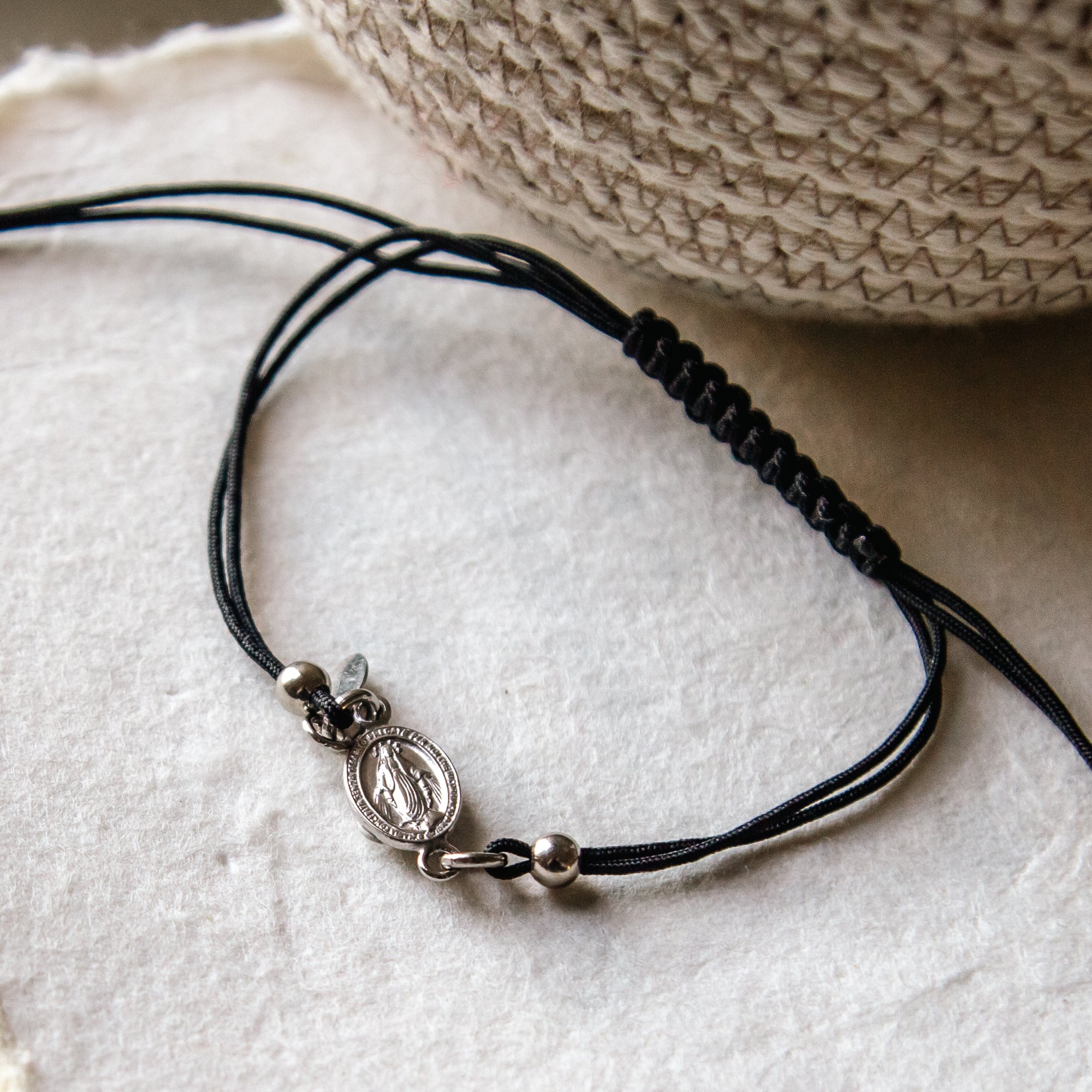 Sterling Silver Miraculous Medal Black Cord Bracelet