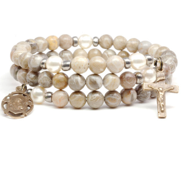 St. Joseph Gray Fossil Coral Full Rosary Wrap Bracelet