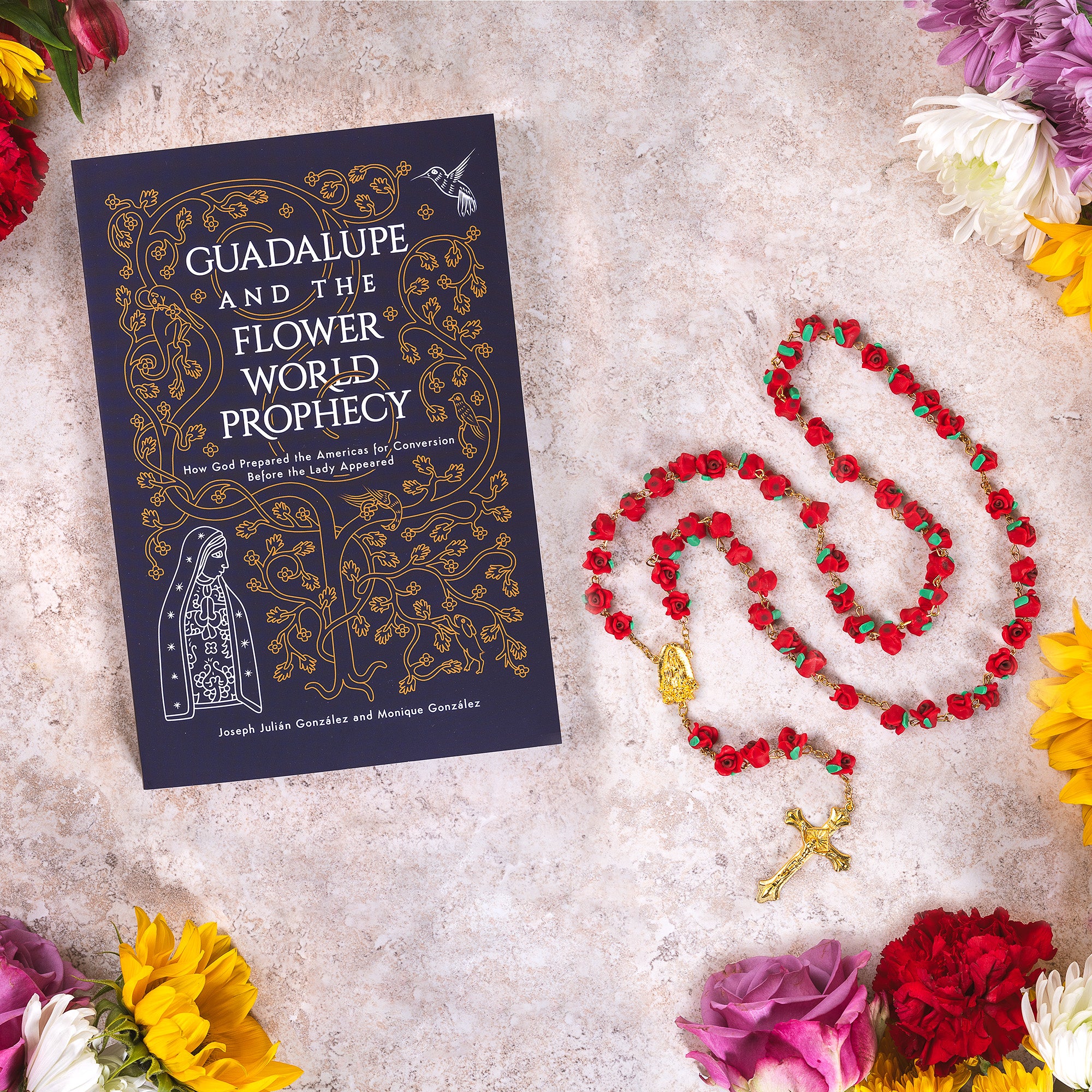 Guadalupe and the Flower World Prophecy Book & Rose Guadalupe Rosary Gift Set