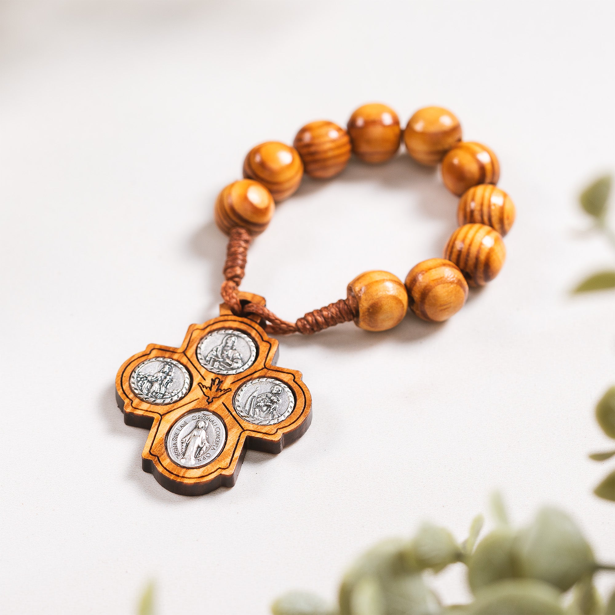 Olive Wood Four Way Medal Finger Rosary