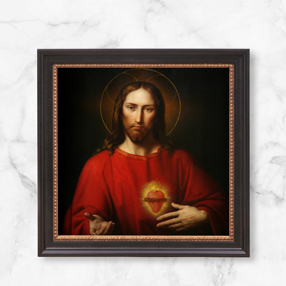 Framed Sacred Heart art print: Jesus portrait in red robe; wood frame.