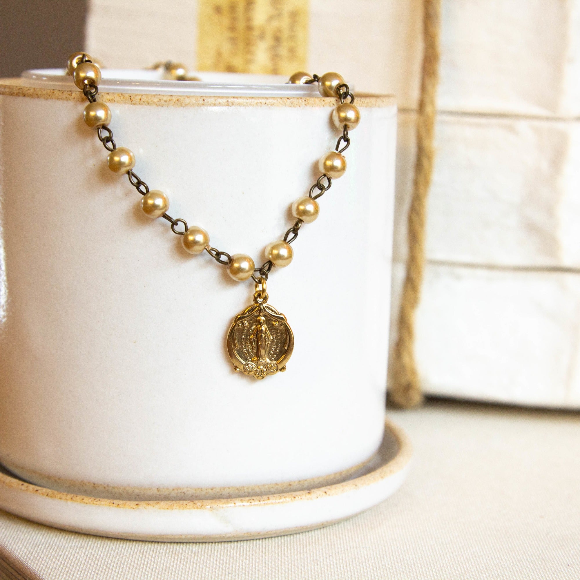 Champagne Pearl Miraculous Medal Necklace
