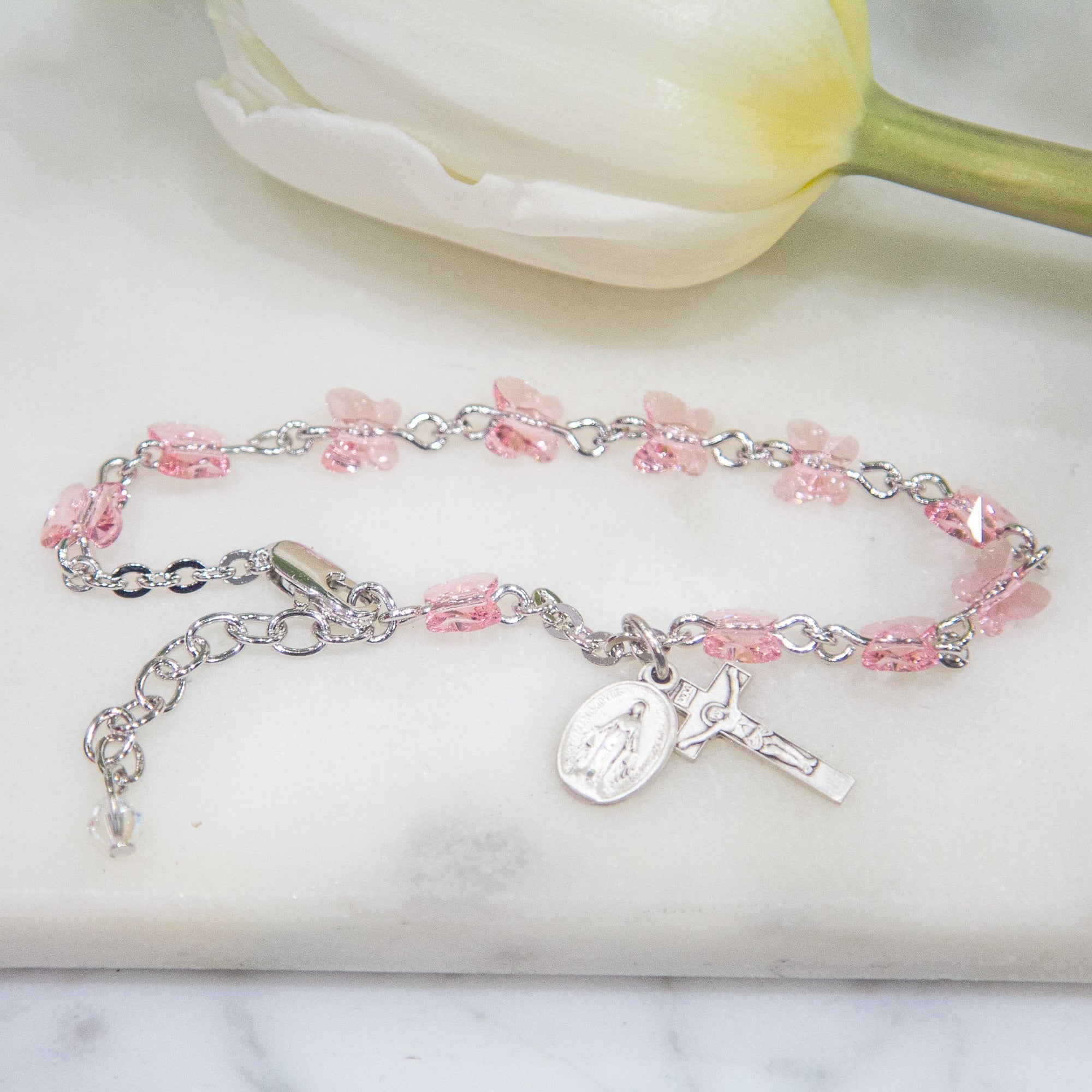 Swarovski Rose Butterfly Rosary Bracelet