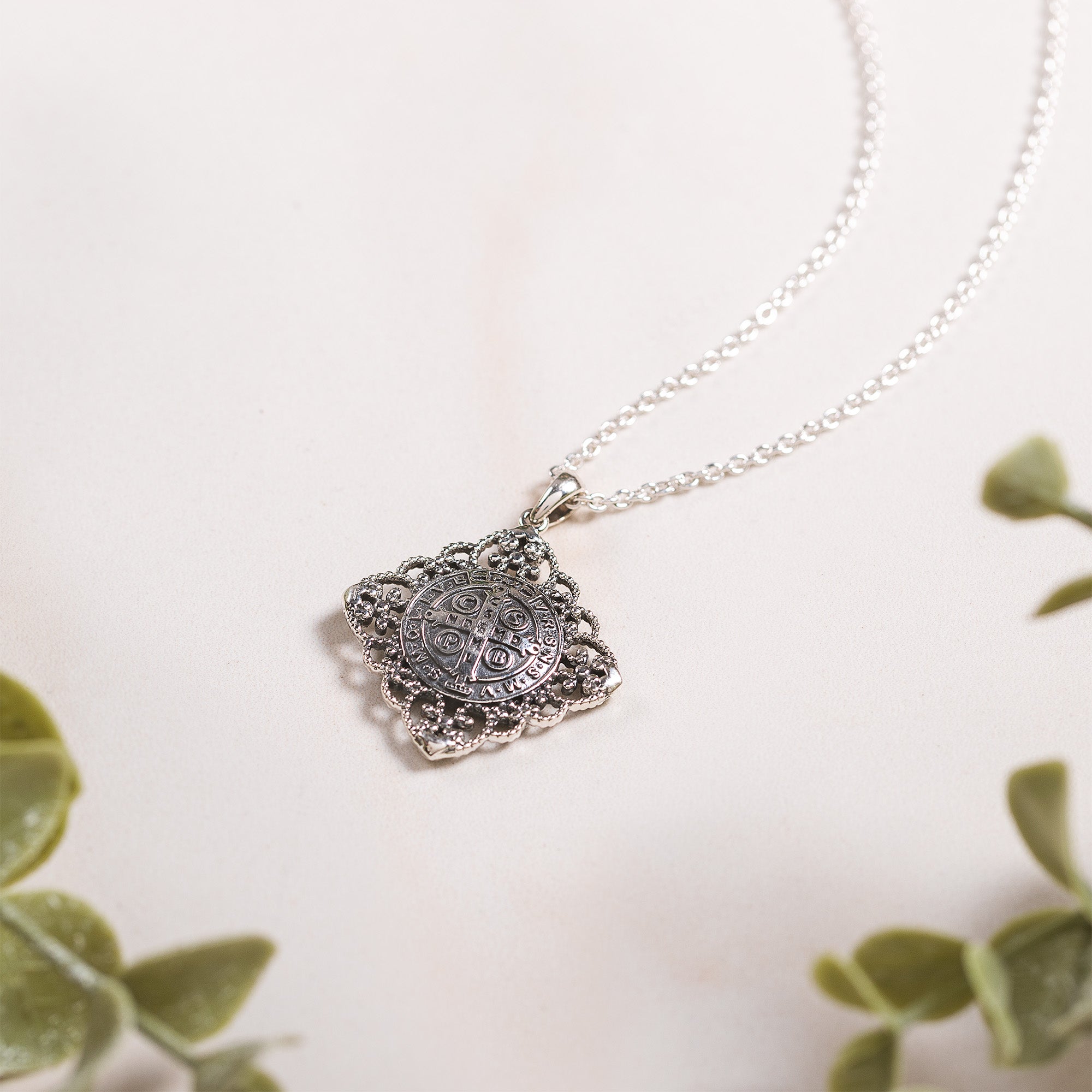 Sterling Vintage Filigree St. Benedict Medal Necklace