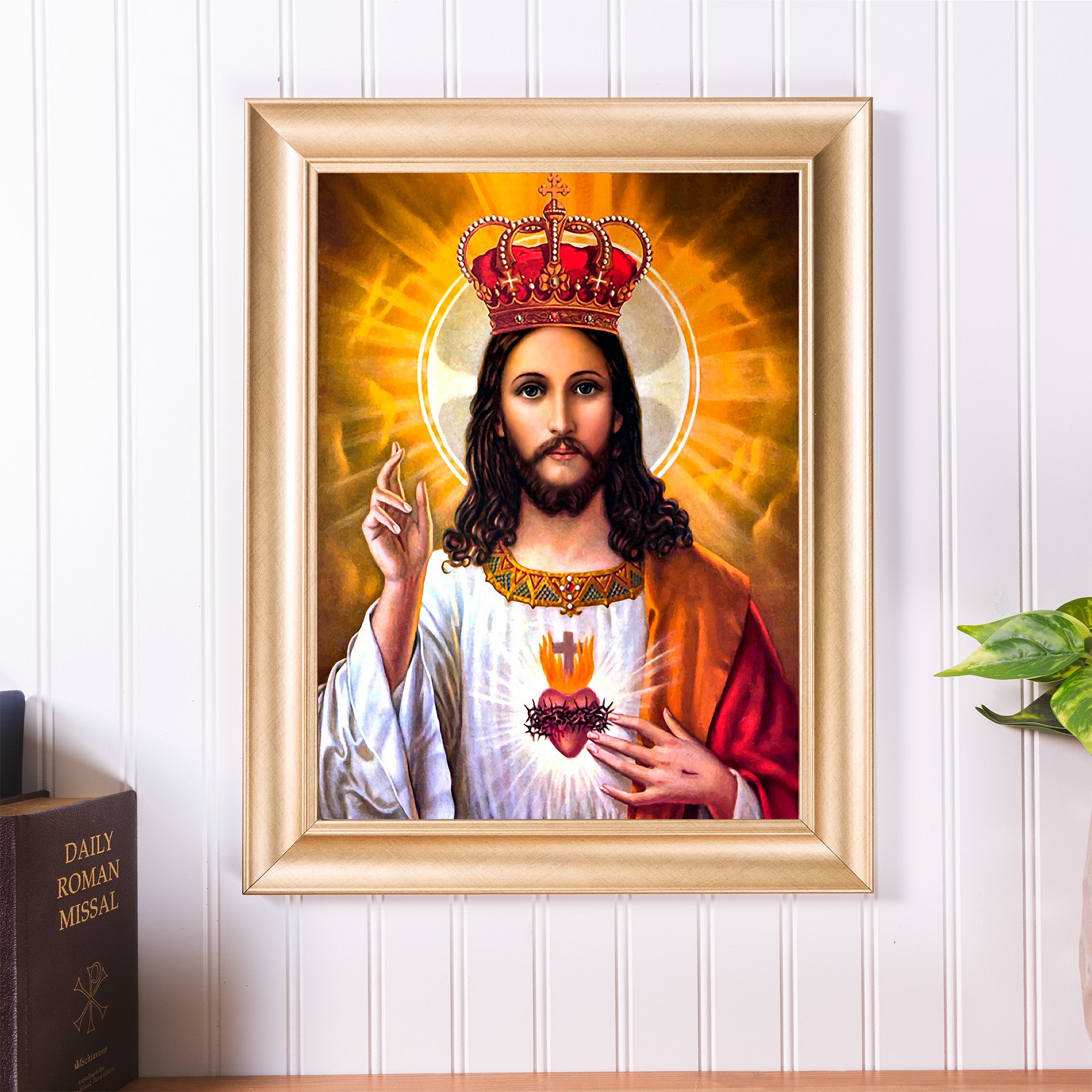 Framed religious art print: Jesus crowned with a golden halo, wearing a red robe and white tunic.
