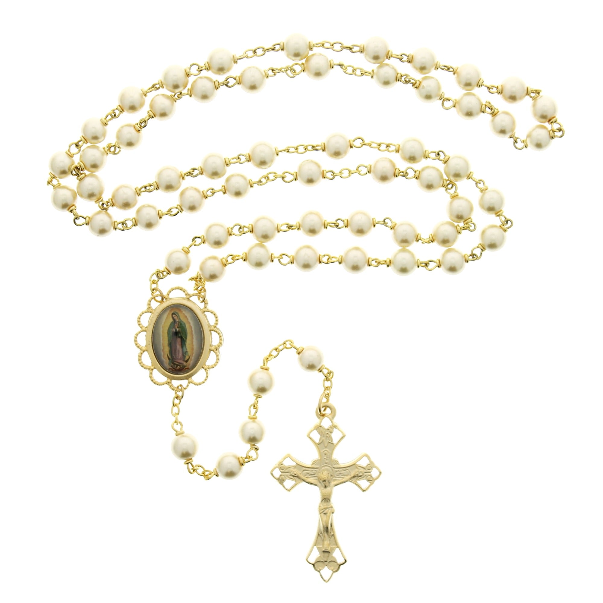 Virgin de Guadalupe Gold & Pearl Rosary
