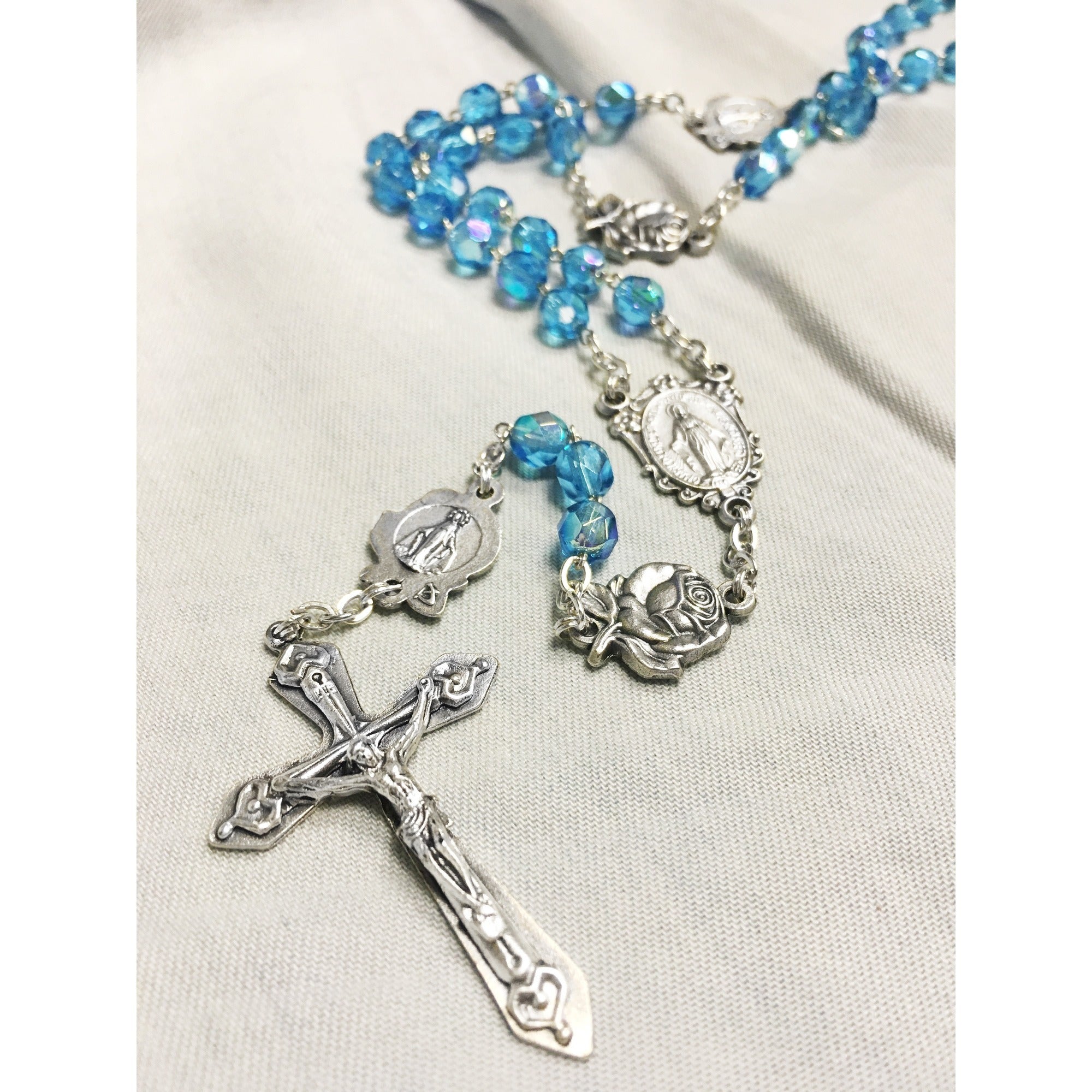 Aqua Miraculous Medal with Roses Rosary