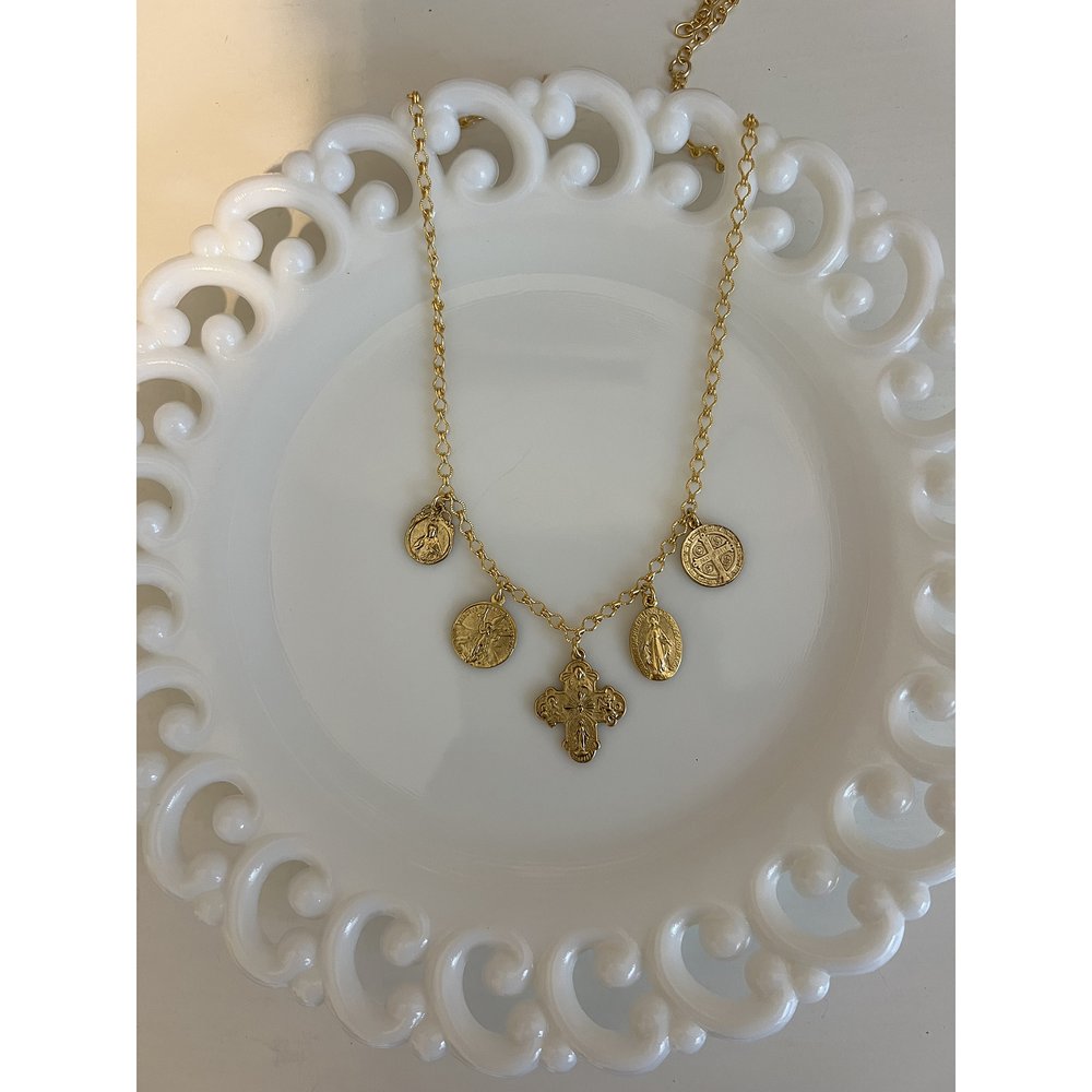 Gold Vintage Catholic Charm Necklace