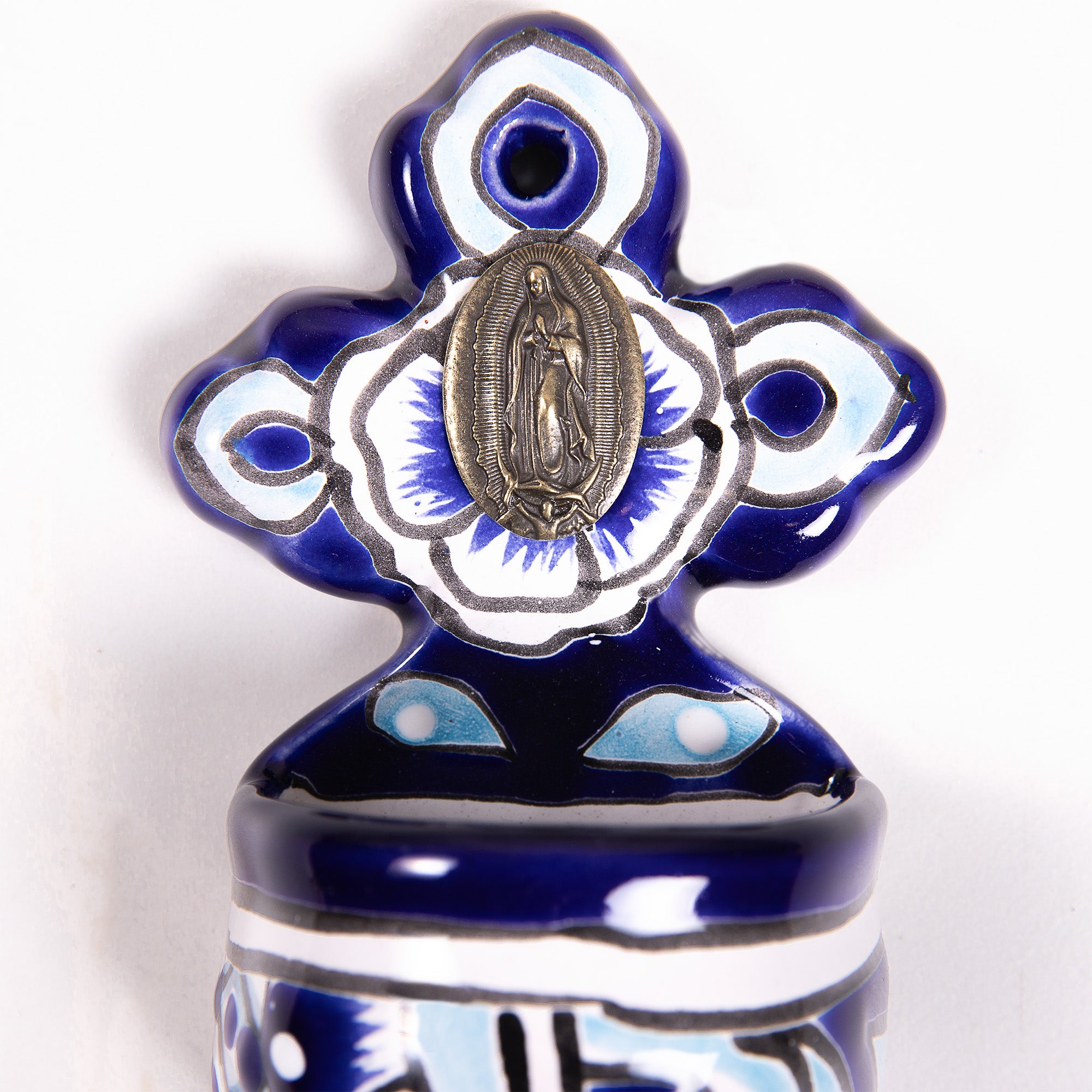 Guadalupe Mexican Talavera Holy Water Font - Blue & White Cross