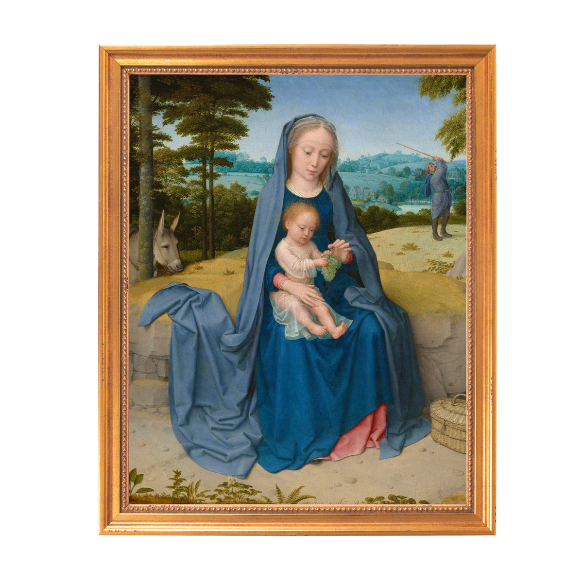 Framed oil painting depicts Mary and infant Jesus with a blue cloak and a gold frame.