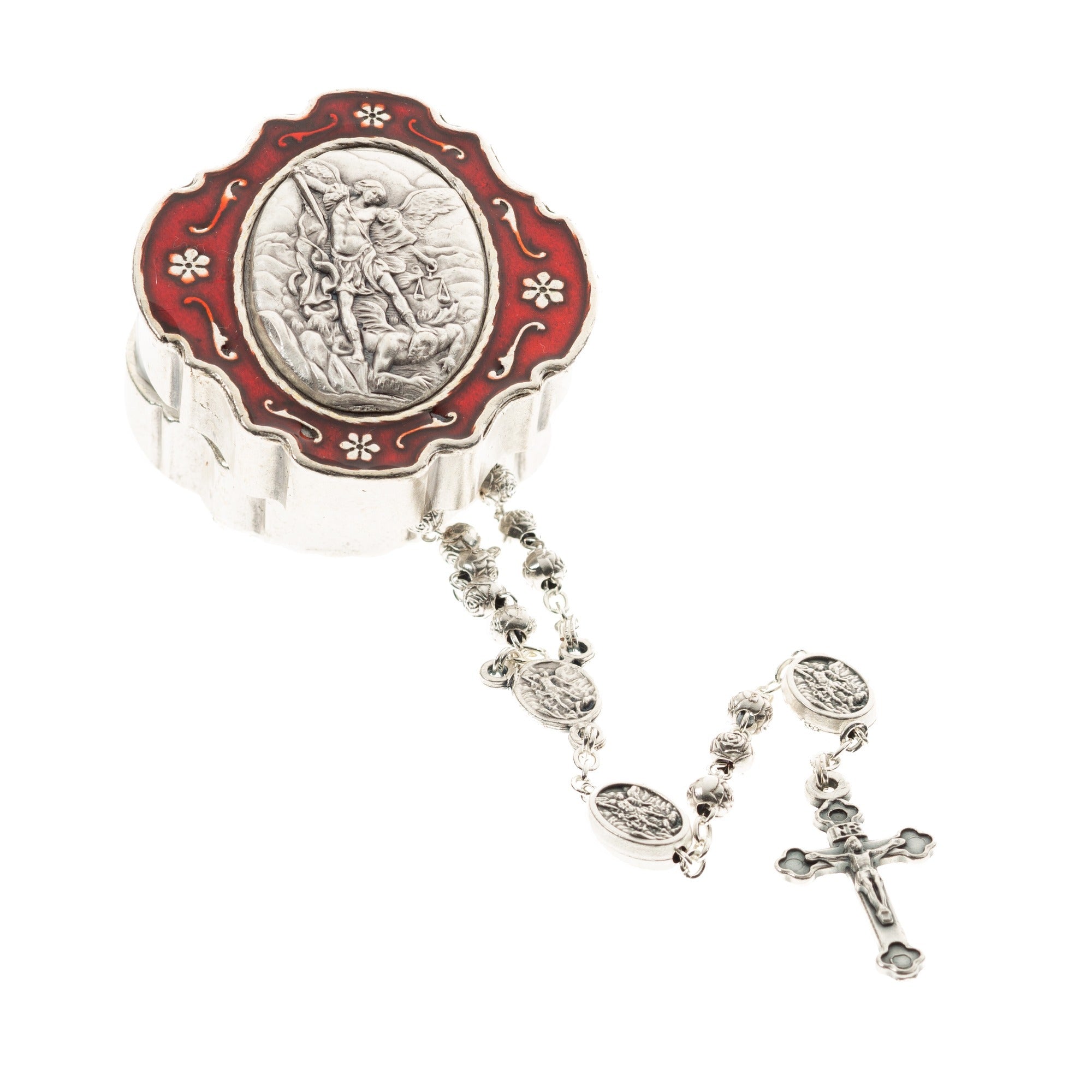 St. Michael Rosary in Silver & Red Enamel Box