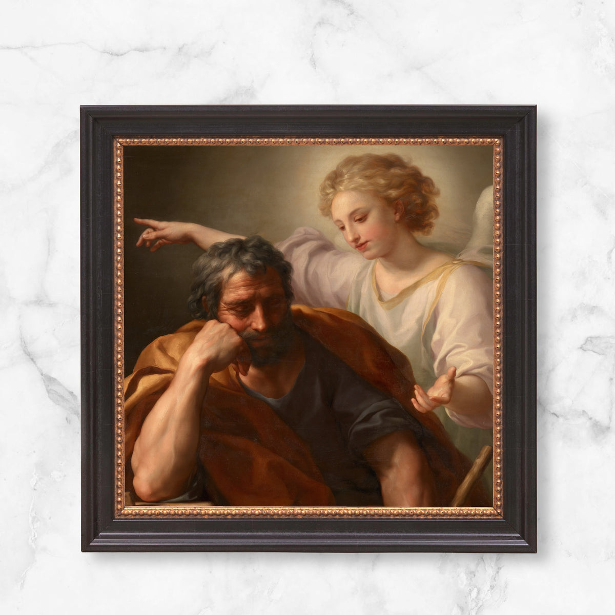Framed oil painting, "Saint Joseph's Dream", features an angel speaking to Saint Joseph in earth tones, wood frame.