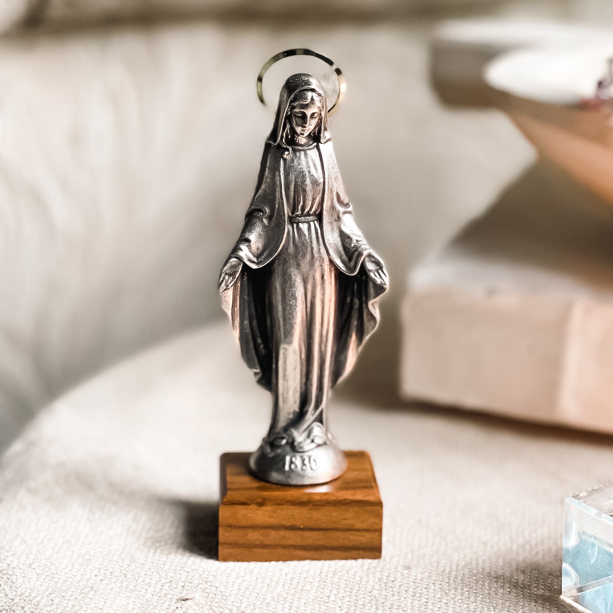 Our Lady of Grace Silver Figurine on Wood Base - 5"