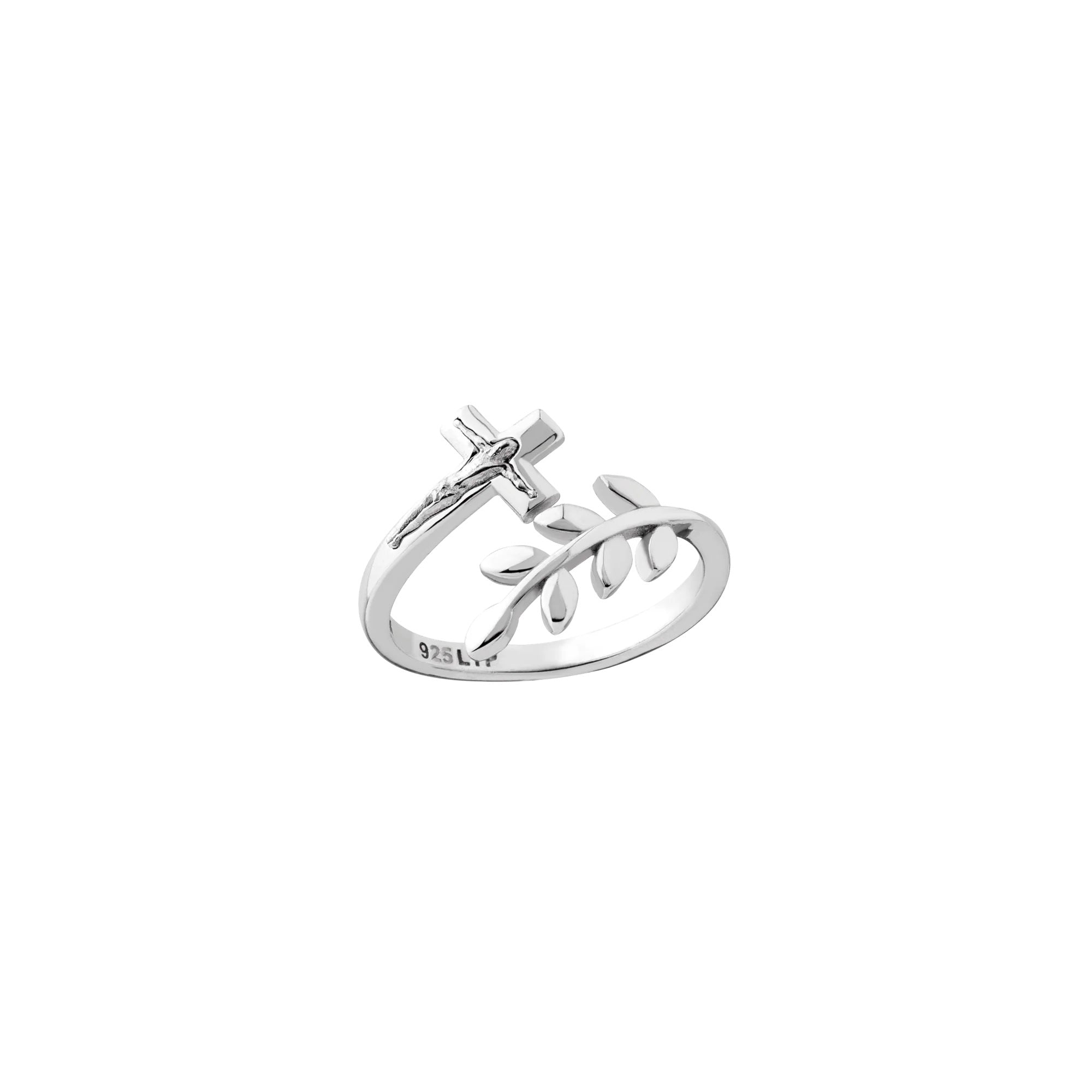 Sterling Silver Peace Olive Branch & Crucifix Adjustable Ring
