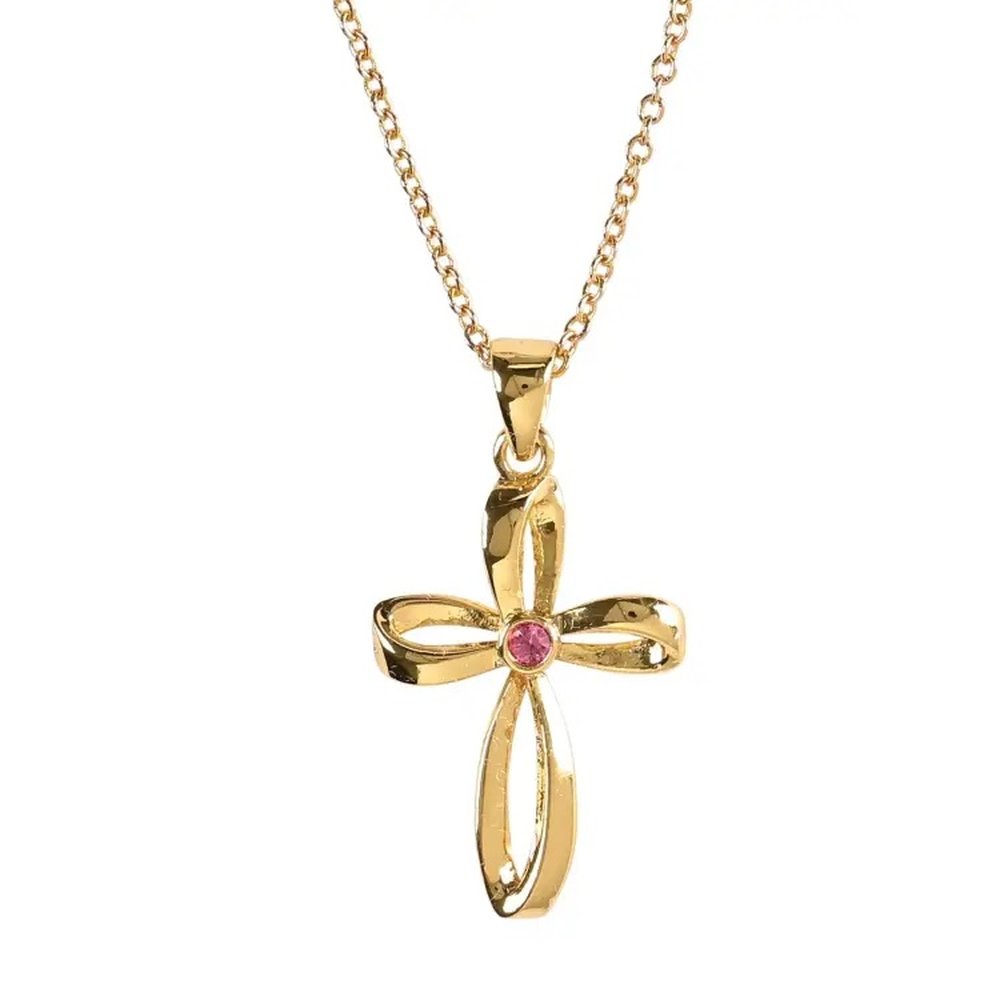 Gold necklace featuring a cross pendant with a pink gemstone in the center.