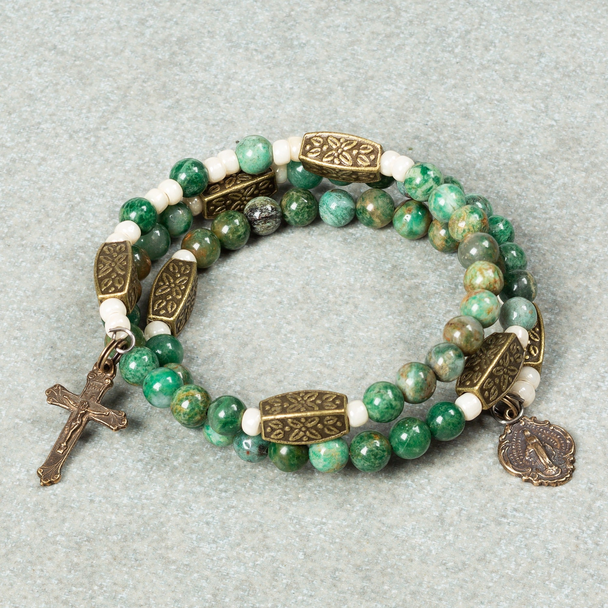 Jade Green & Brass Rosary Wrap Bracelet
