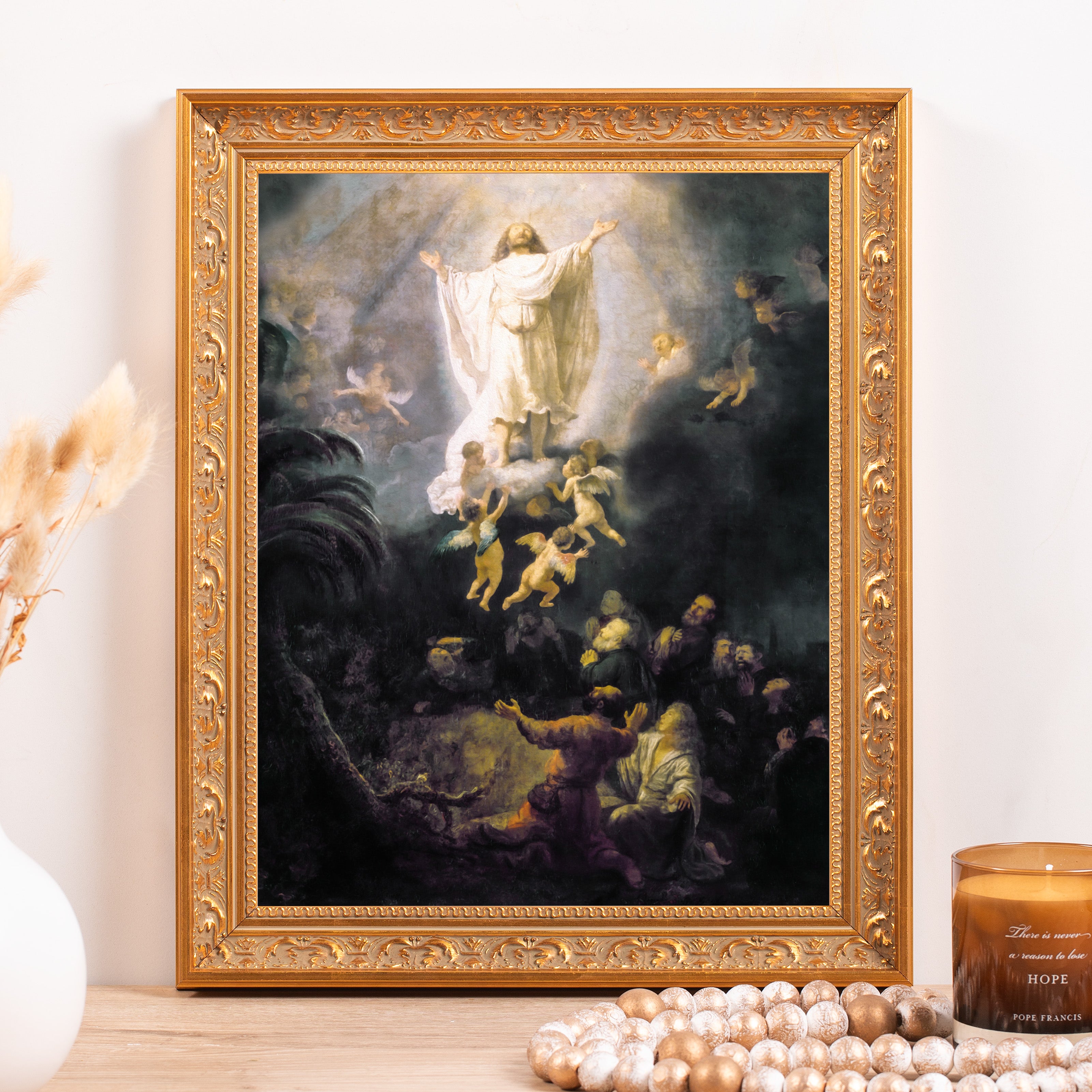 Framed print of Jesus with angels in ornate gold-tone frame for religious home decor.