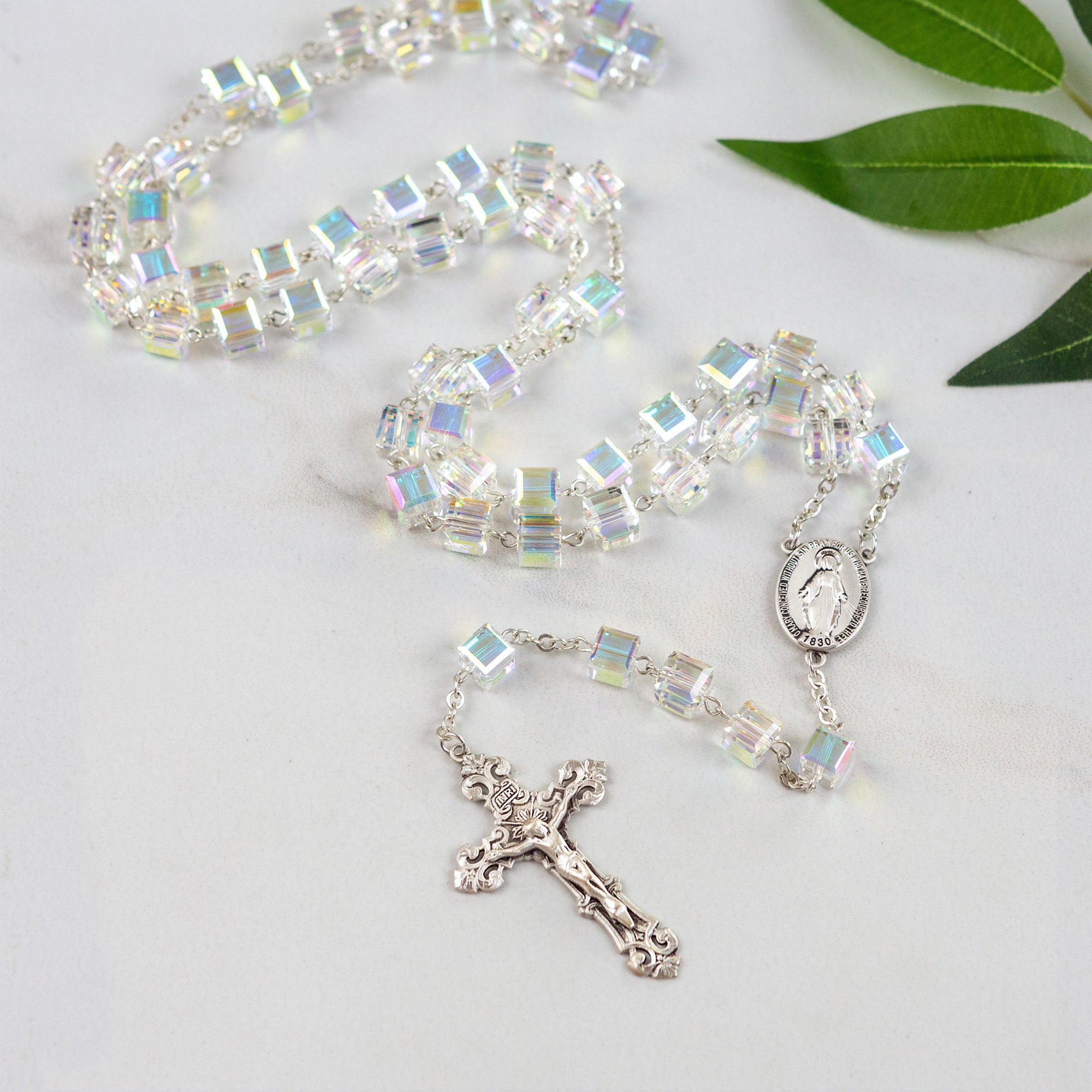 Swarovski Iridescent Cube and Sterling Rosary