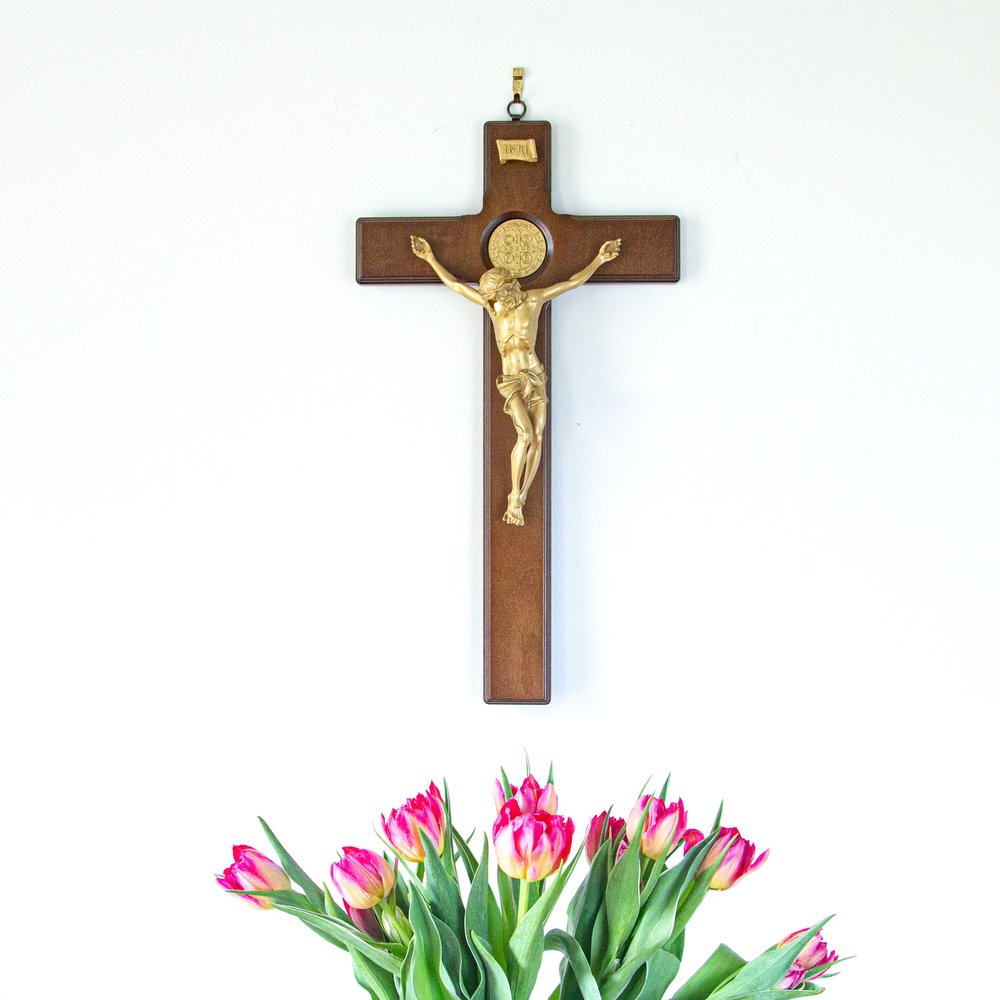 St. Benedict Wood Crucifix with Gold Corpus - 18.5"