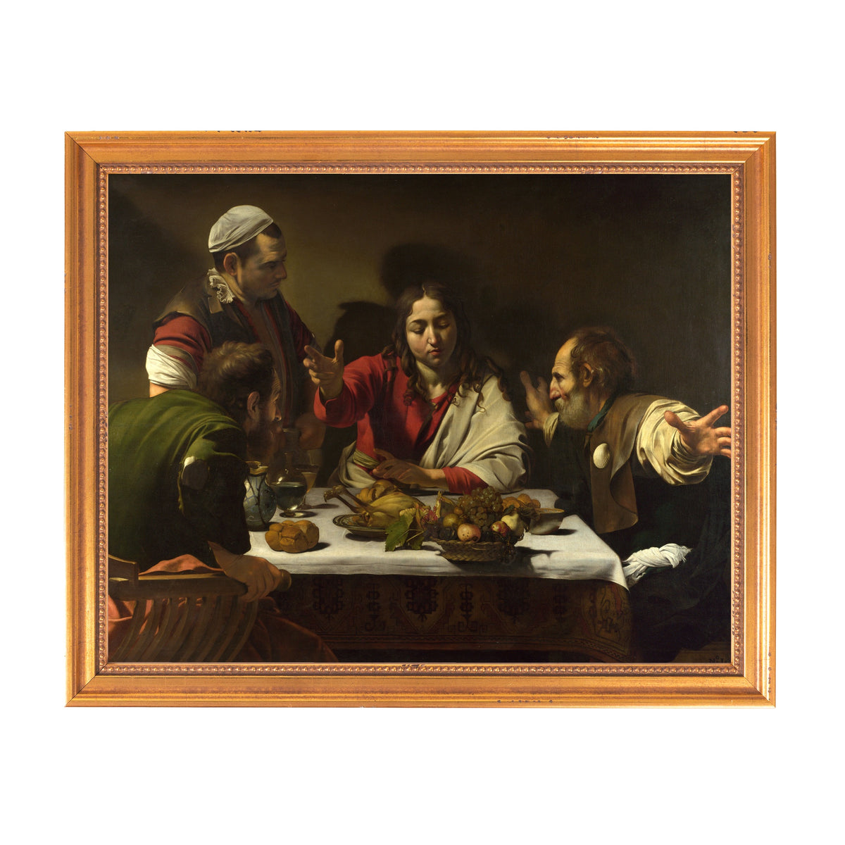 Framed, Oil painting depicting the Last Supper with Jesus and disciples around a table with food.