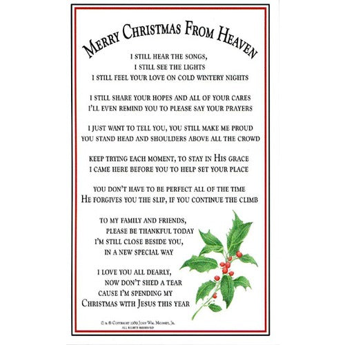 Merry Christmas from Heaven Bookmark /Prayer Card (Pkg. of 25)