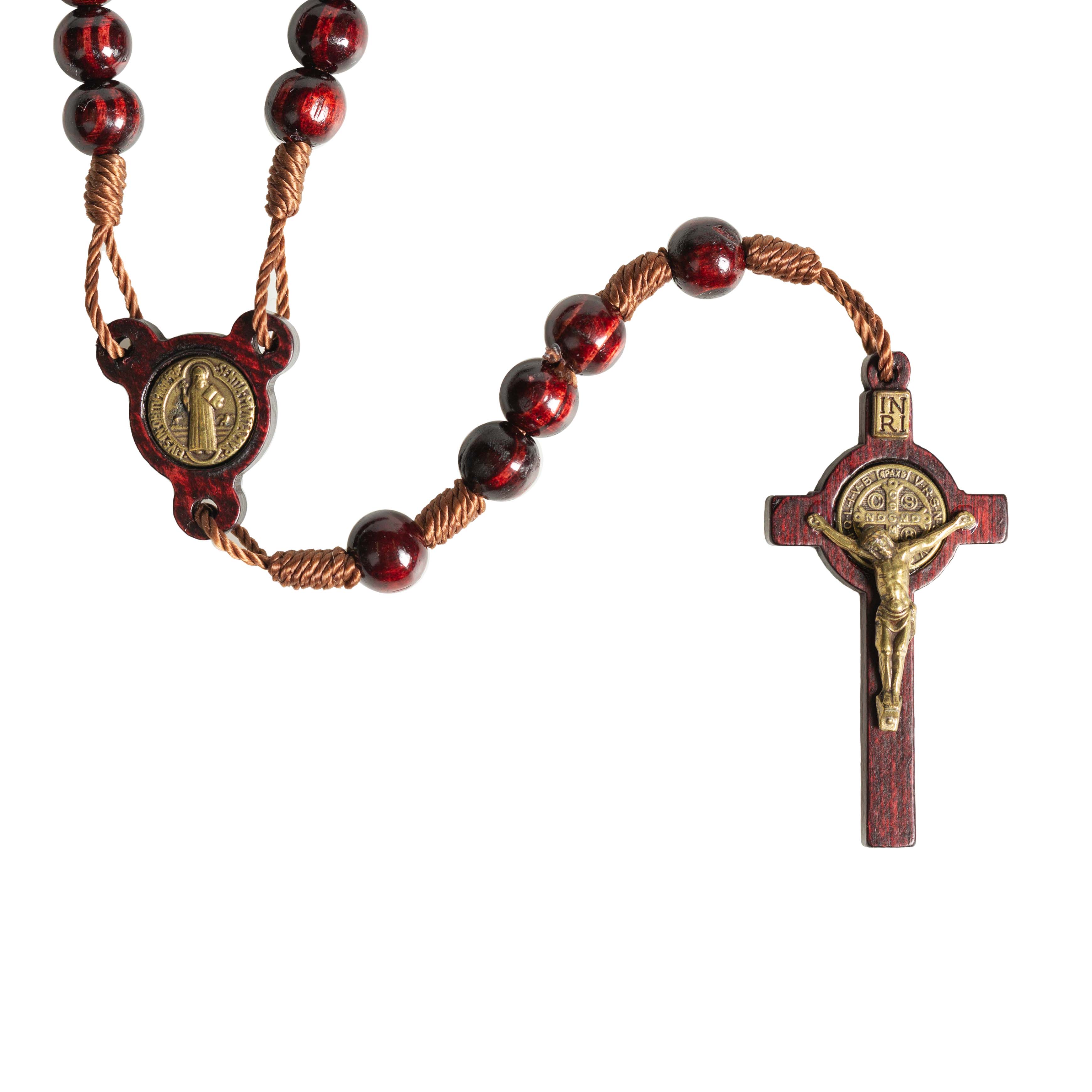 St. Benedict Walnut Finish Wood Rosary Necklace