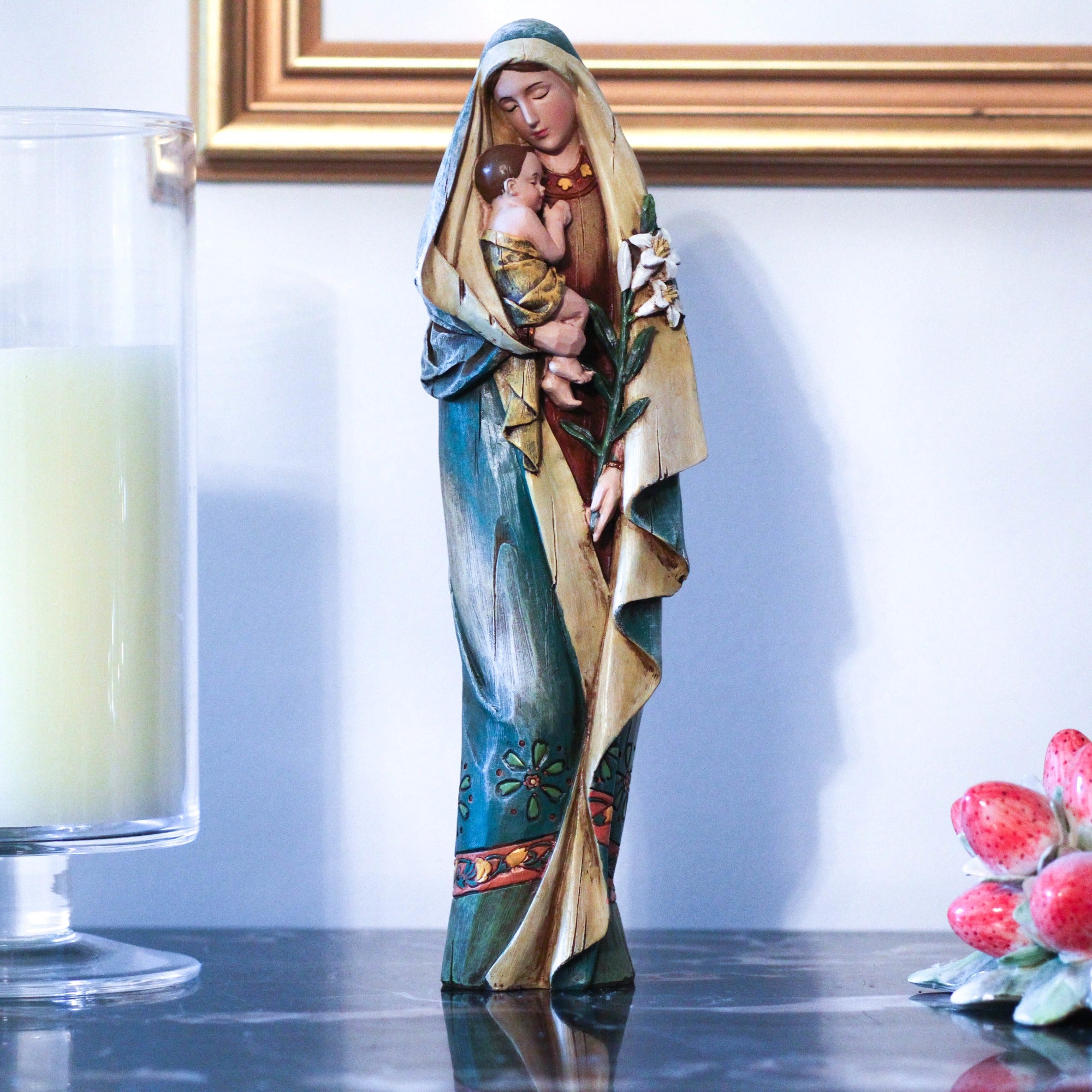 Madonna & Child w/ Lily Carved Statue