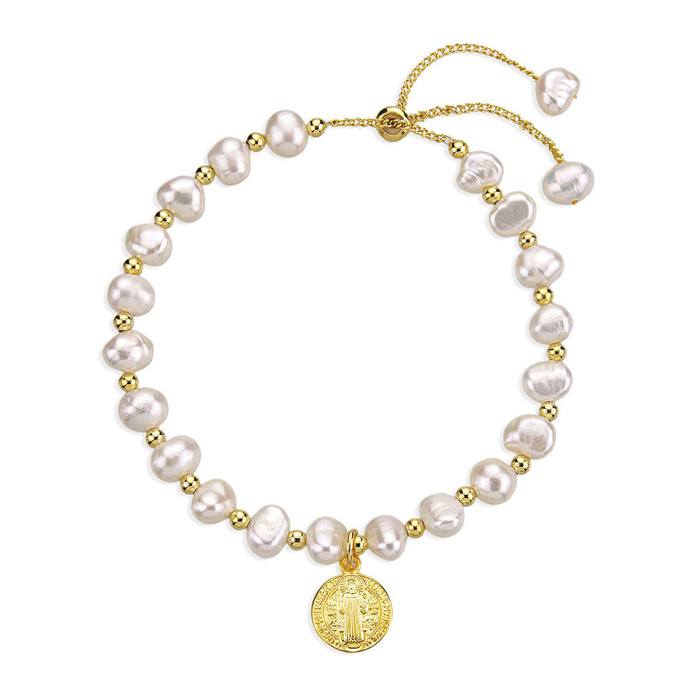 Freshwater Pearl & Gold St. Benedict Medal Bracelet