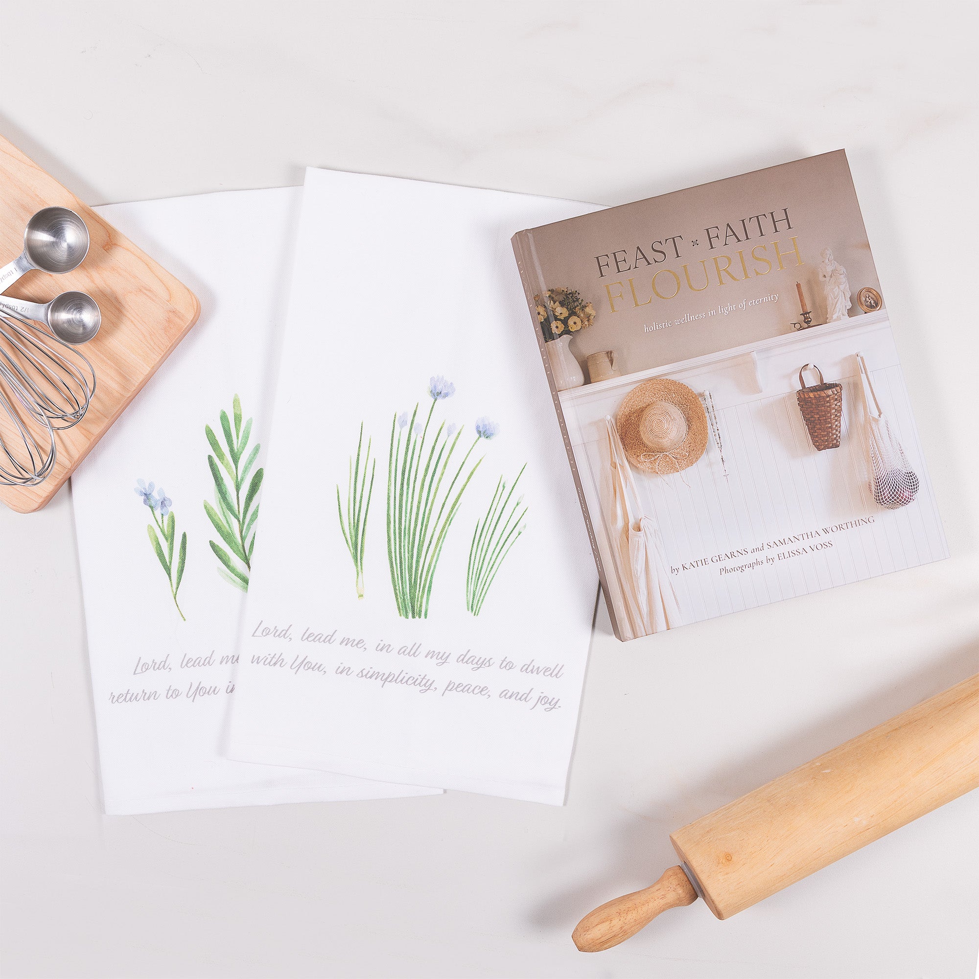 Feast, Faith, Flourish Book & Lord Lead Me Dish Towels Set
