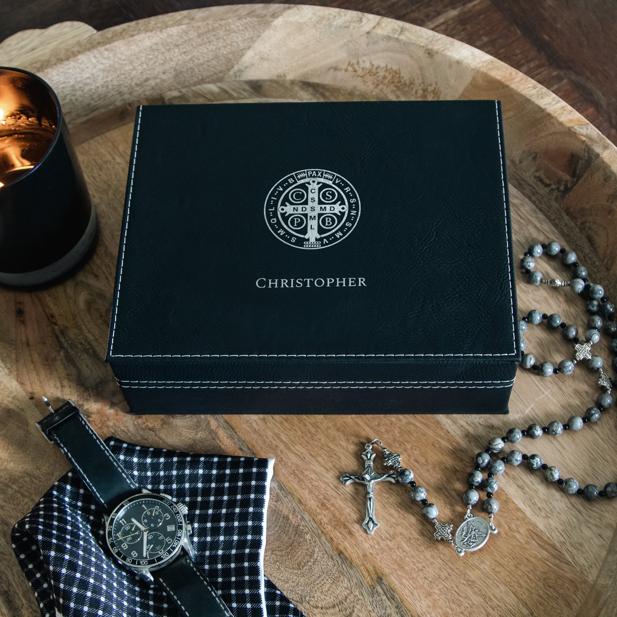 Personalized St. Benedict Black Leatherette Keepsake Box