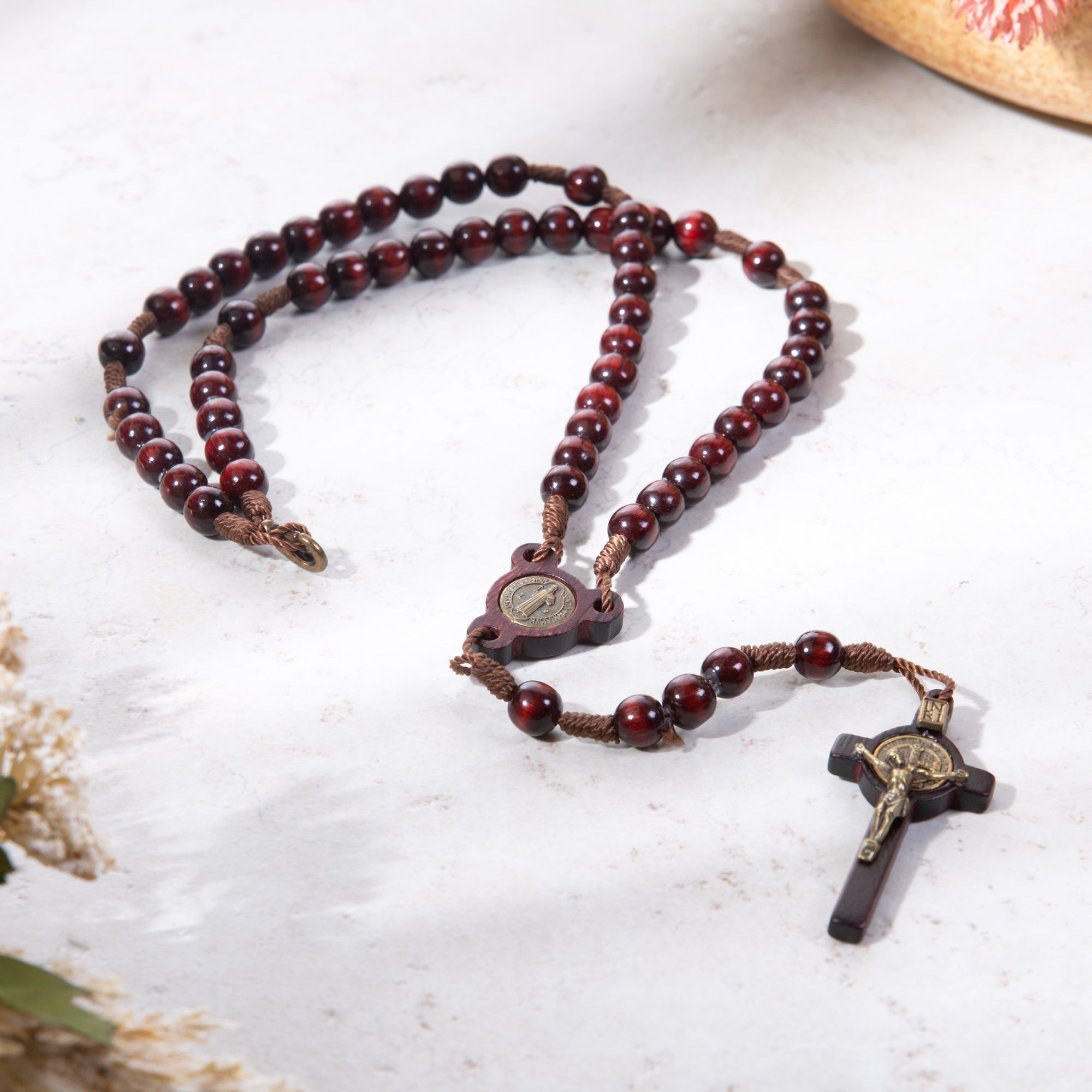 St. Benedict Walnut Finish Wood Rosary Necklace