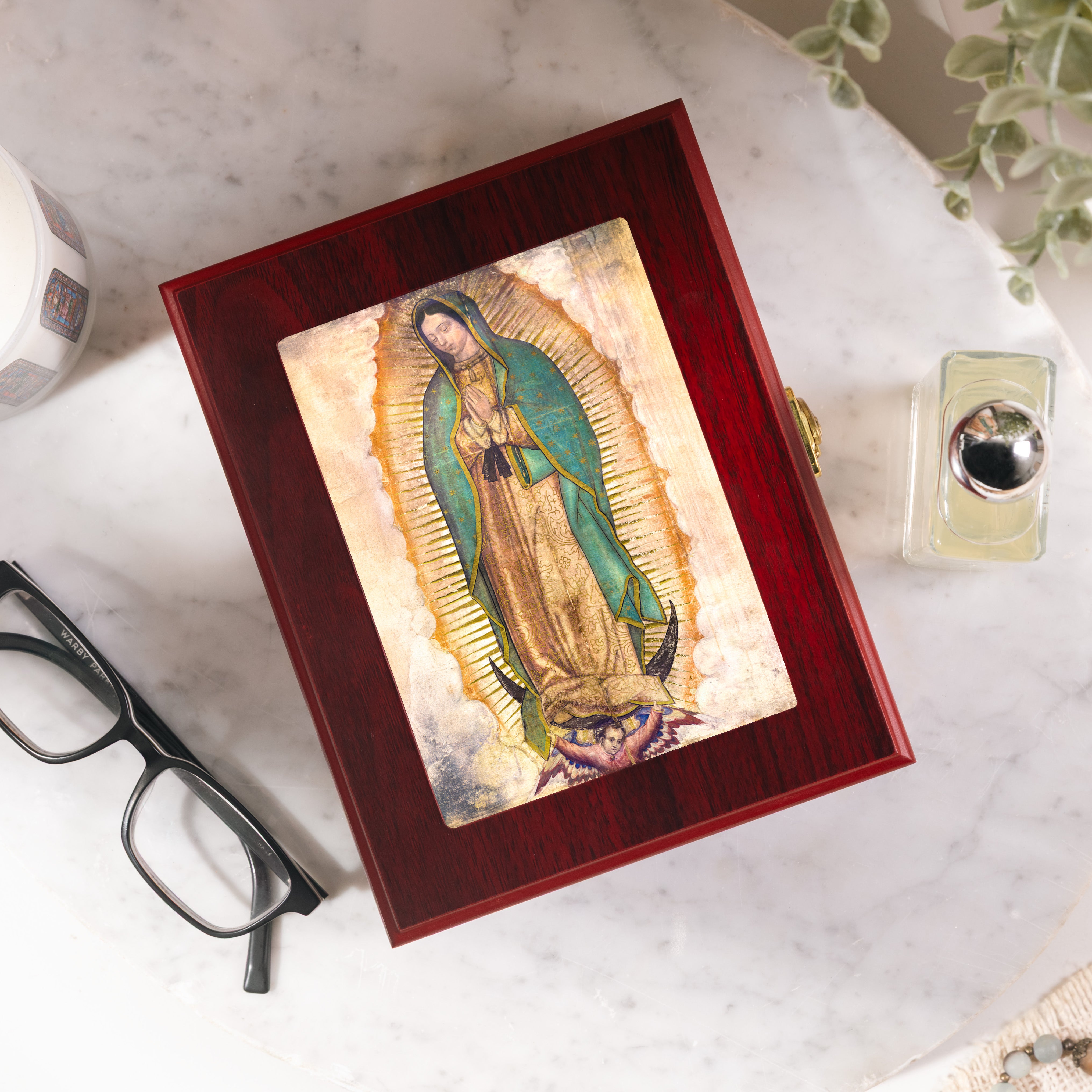 Our Lady of Guadalupe Tilma Image Cherry Rosary Keepsake Box