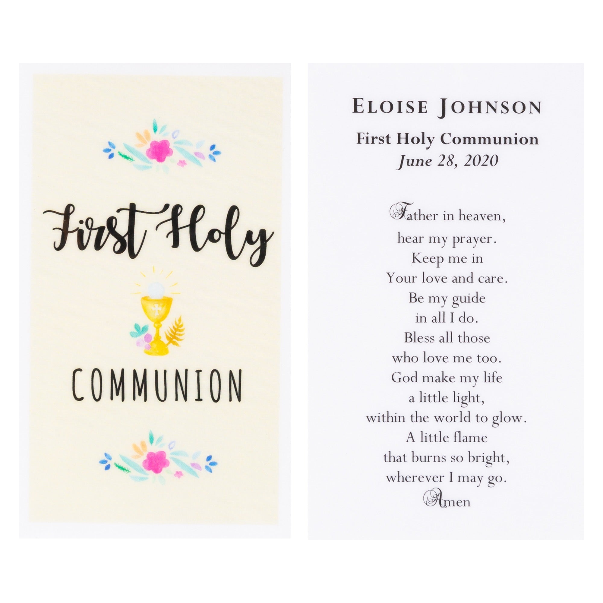 Personalized First Communion Girls Watercolor Prayer Card