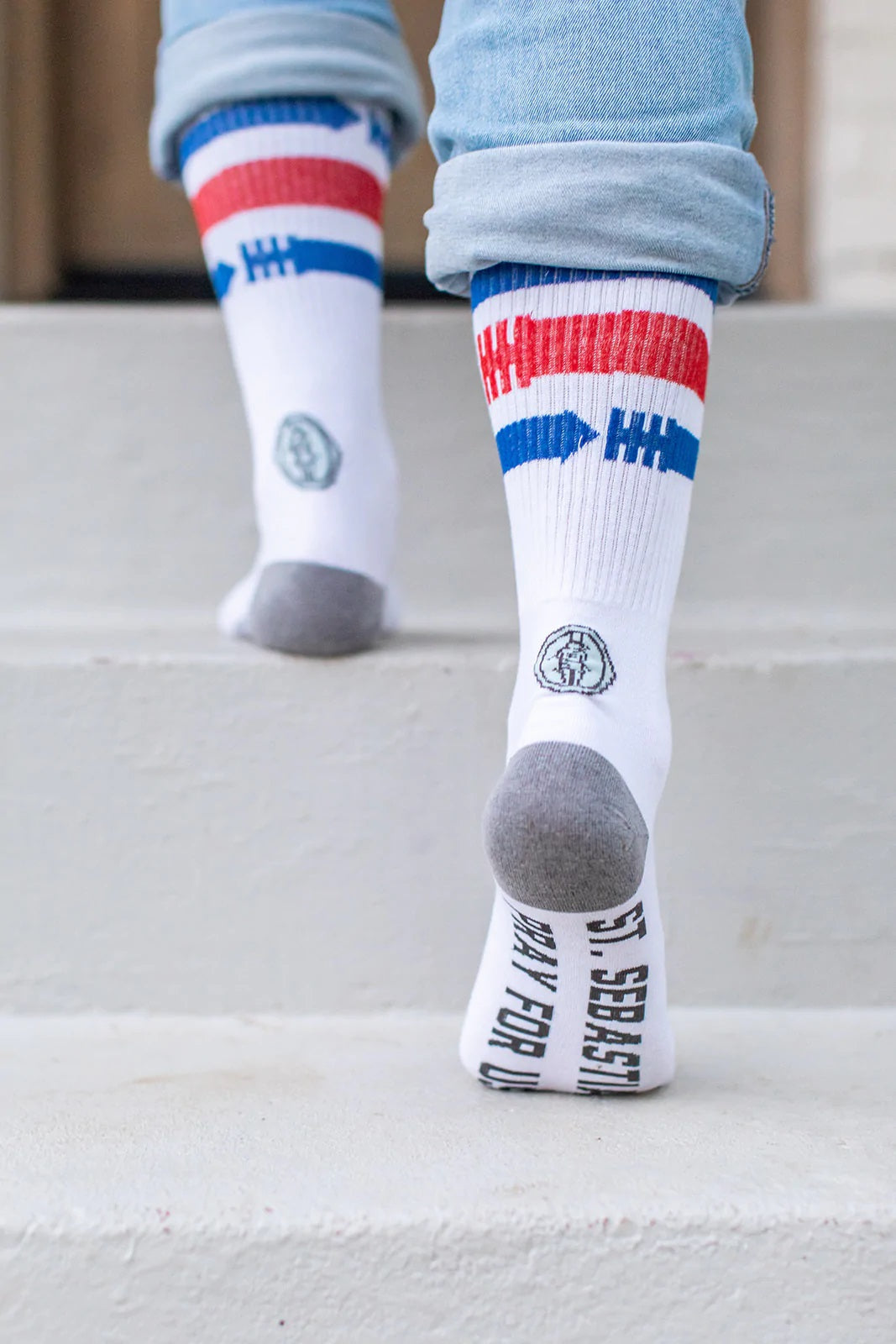 Patron of Athletes Striped Adult Crew Socks