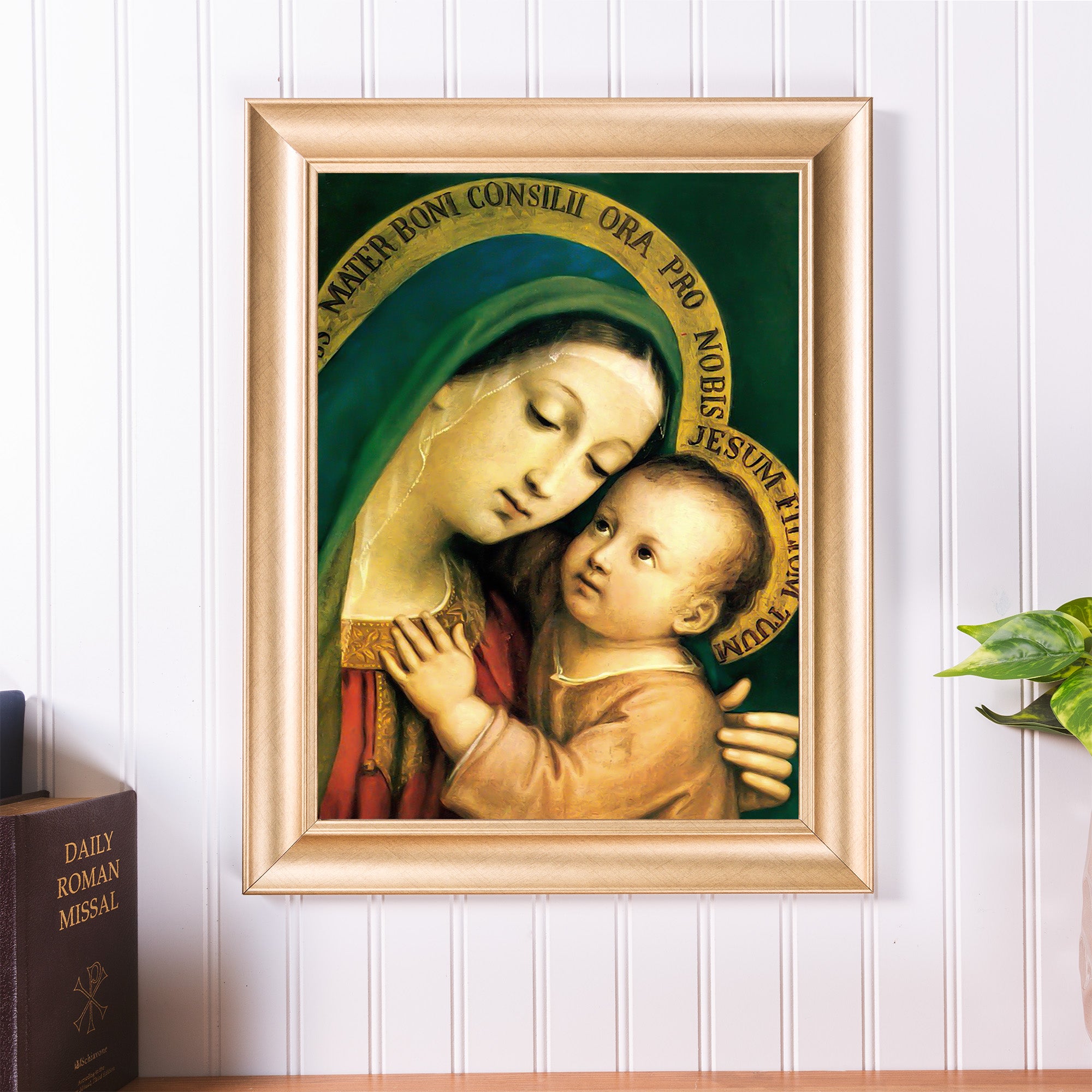 Framed Religious print of the Virgin Mary and Child in classic style with gold frame.