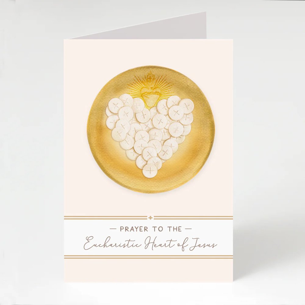 Greeting card, Eucharistic Heart of Jesus prayer, with communion wafers on gold plate in a heart shape.