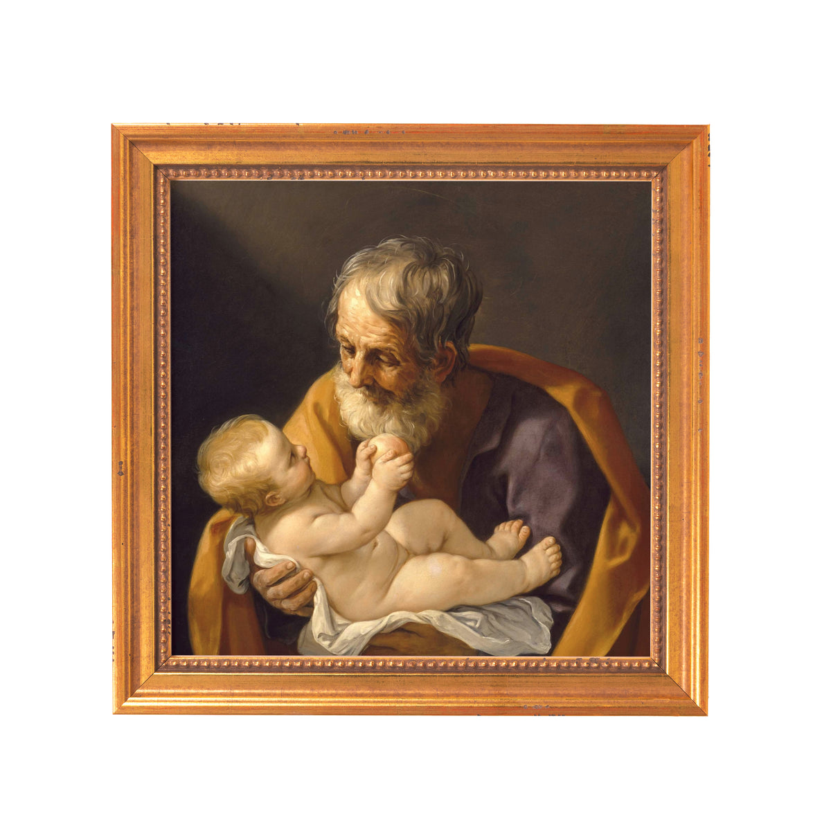 Framed oil painting of an old man holding a baby, warm-toned palette, classical style.