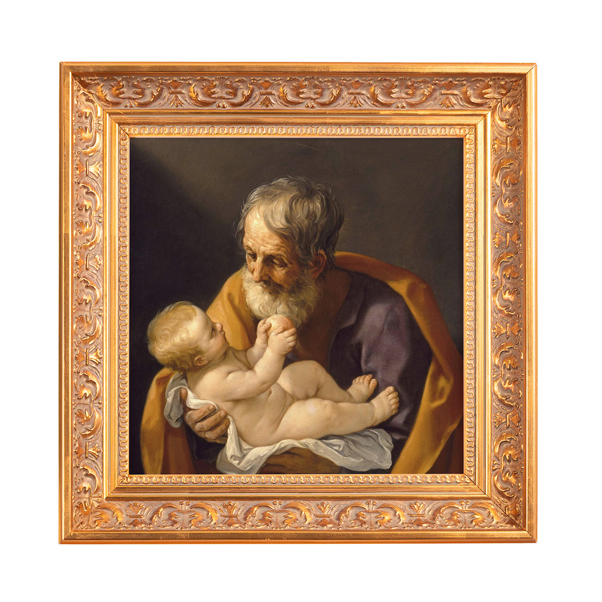 Framed art print depicts an old man holding a baby in a gilded ornamental frame.