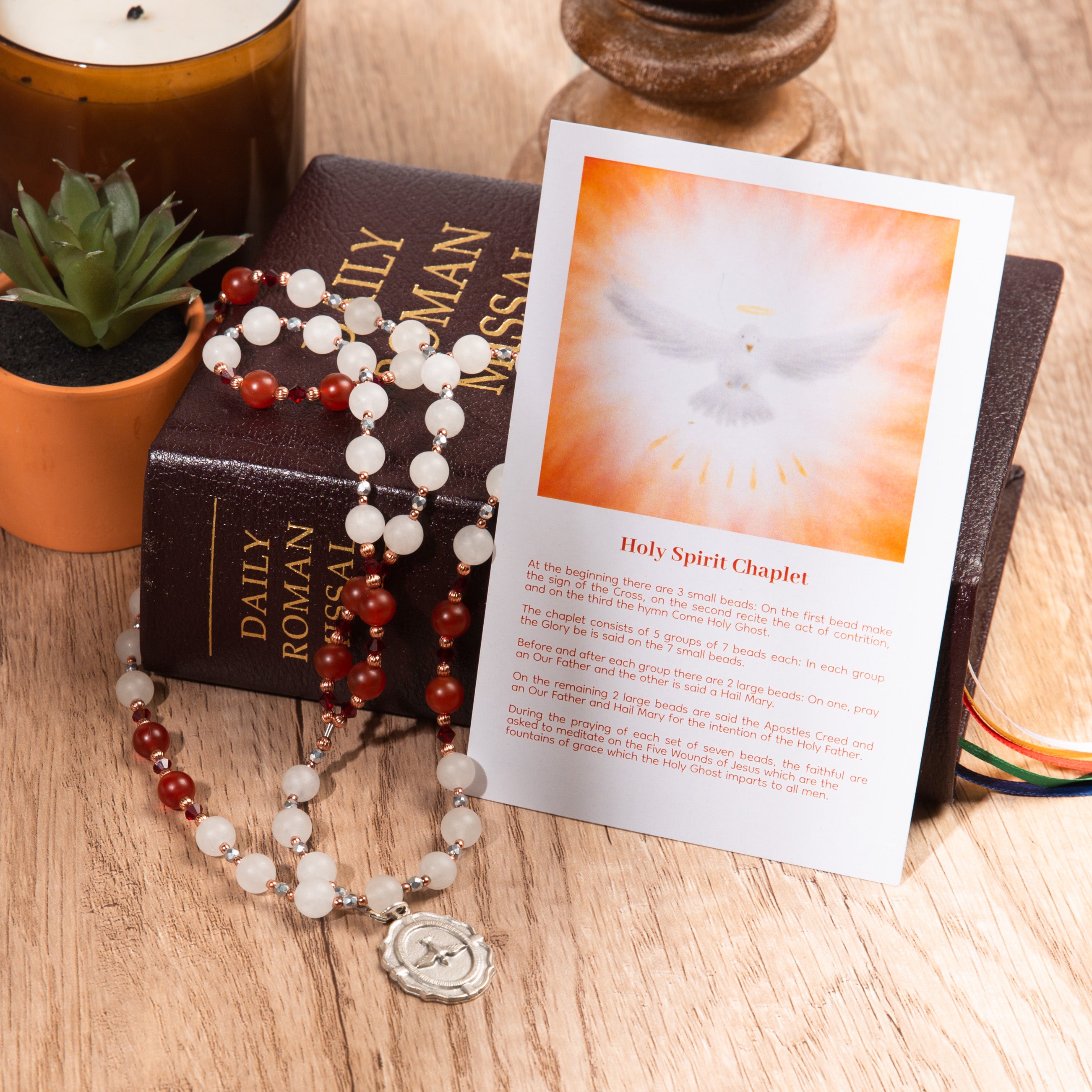 Red & White Carnelian Holy Spirit Chaplet & Daily Meditations With the Holy Spirit Book (Gift Set)