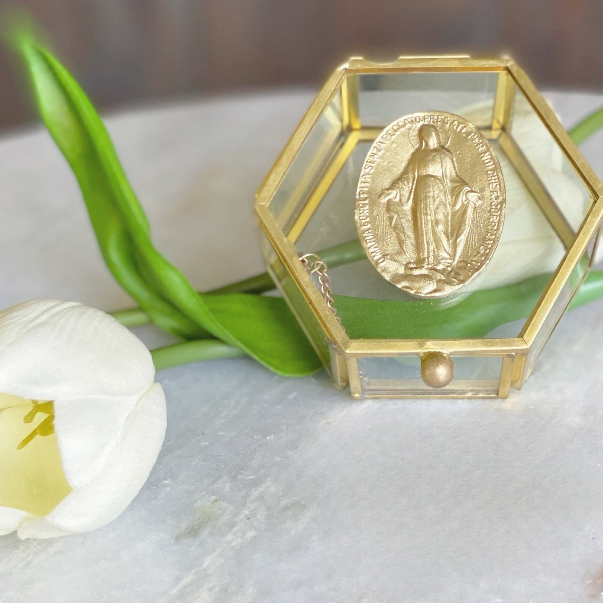 Gold Miraculous Medal Glass Rosary Box