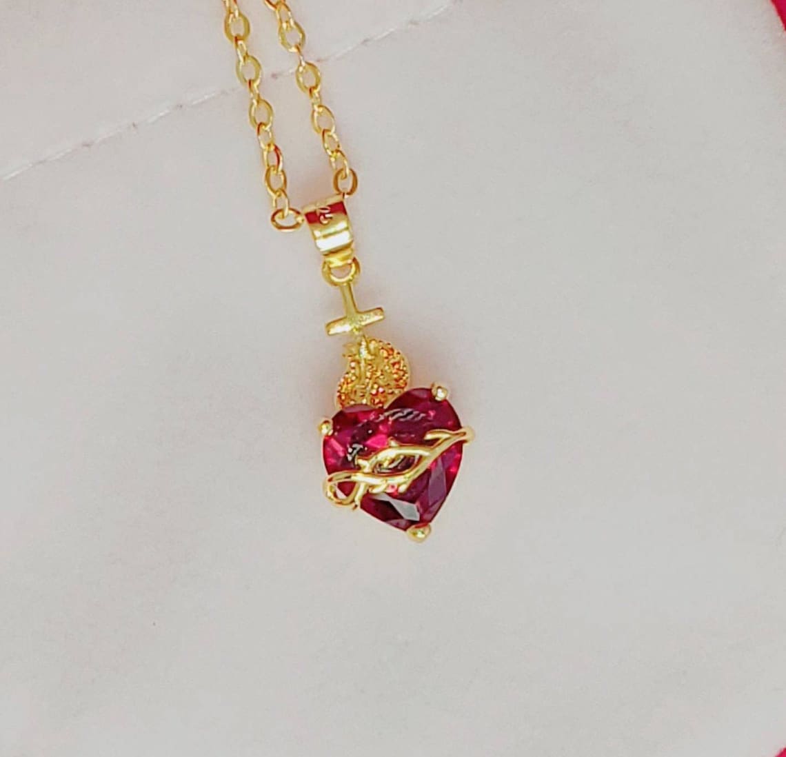 Gold Over Sterling Sacred Heart Jeweled Necklace