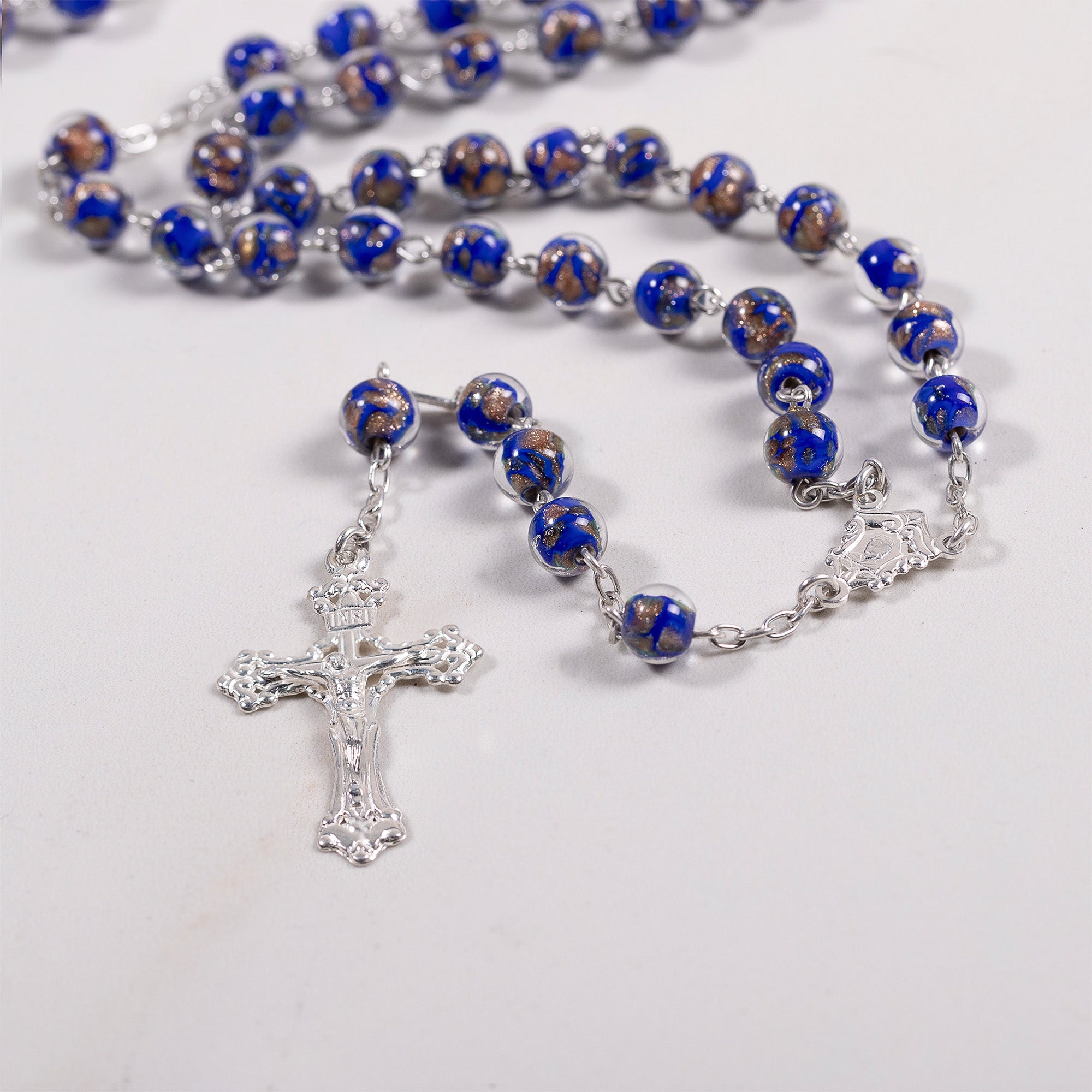 Italian Sterling Blue & Gold Glass Rosary
