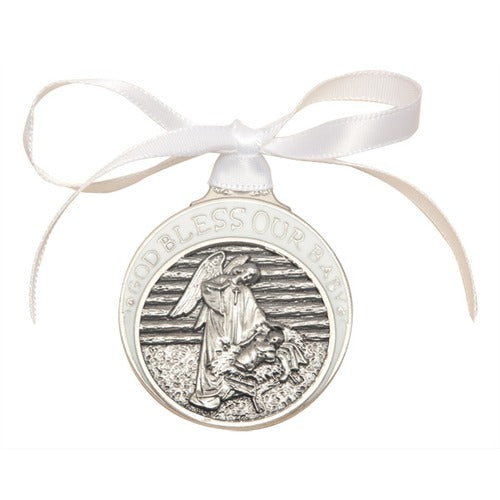 Pewter Baby in Manger Crib Medal on White Satin Ribbon